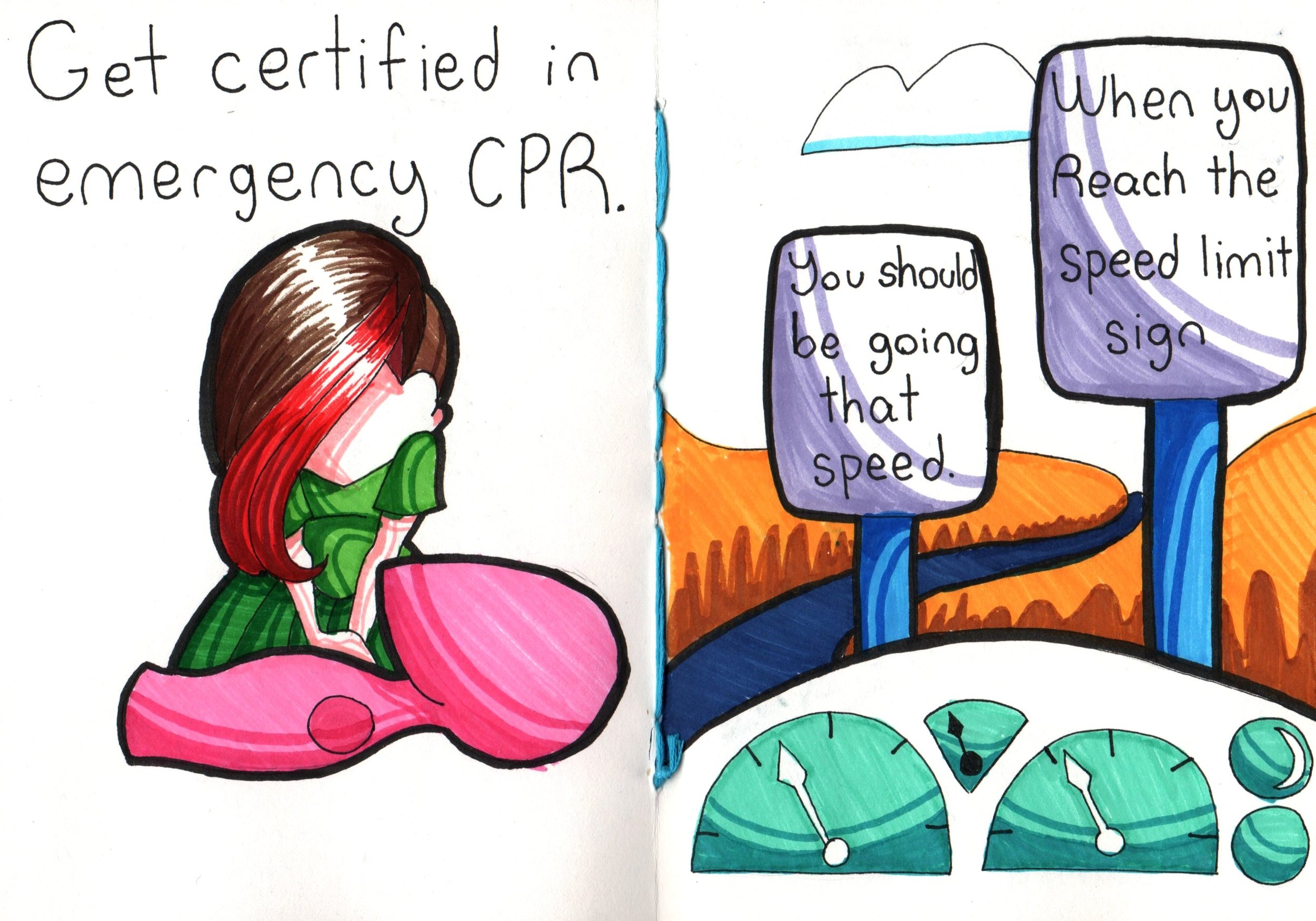 A colorful illustration with text that says, 'Get certified in emergency CPR.' It includes drawings of a woman with red hair wearing a green top, a pink heart-shaped object, an ambulance, and a green ambulance sign with a white cross.