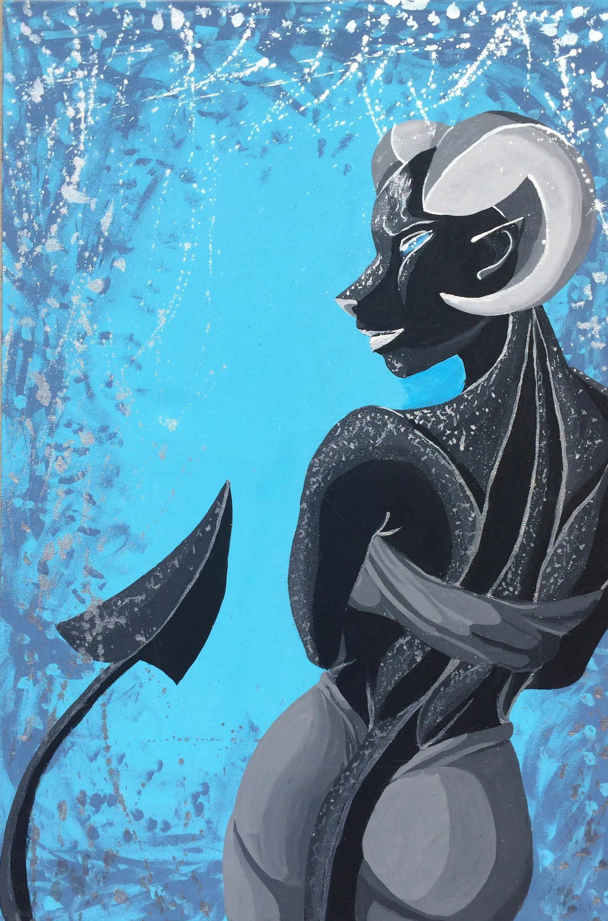 A stylized portrait of a woman with snow-white hair as a moon, wearing a gray and black outfit, set against a vibrant blue background with abstract white snow-like splatters.