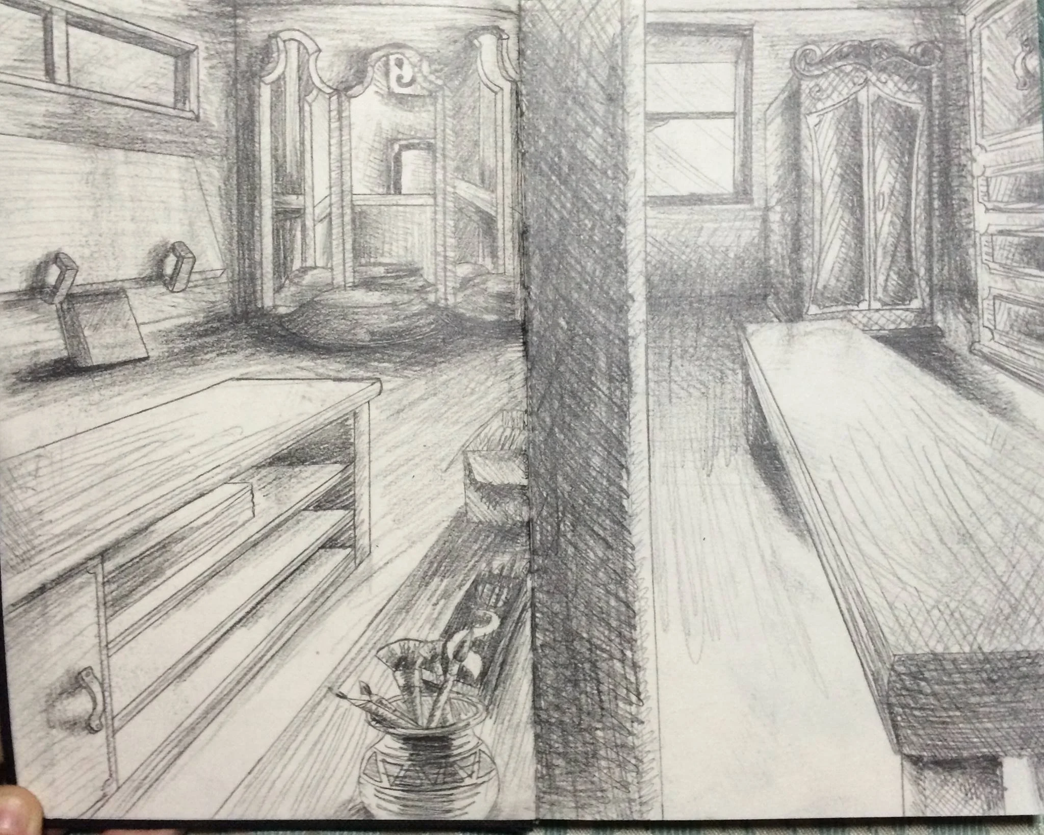 A pencil sketch of an indoor space with a table, shelves, windows, and a tall lamp in the center.