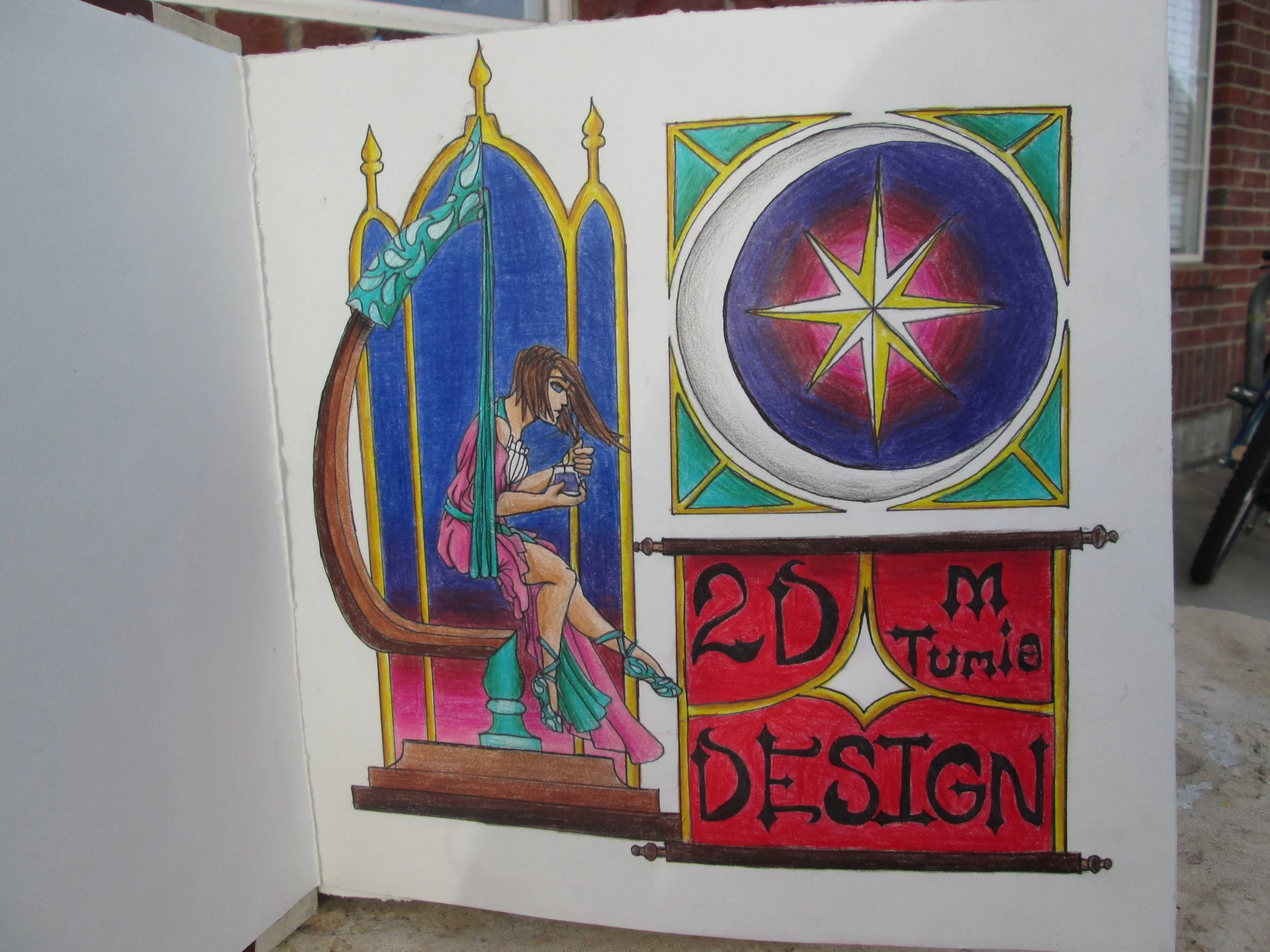 Colorful booklet with stained glass window illustration, a woman sitting and looking down, and a compass rose. The text '20m', 'STOP', and 'DESIGN' are visible.