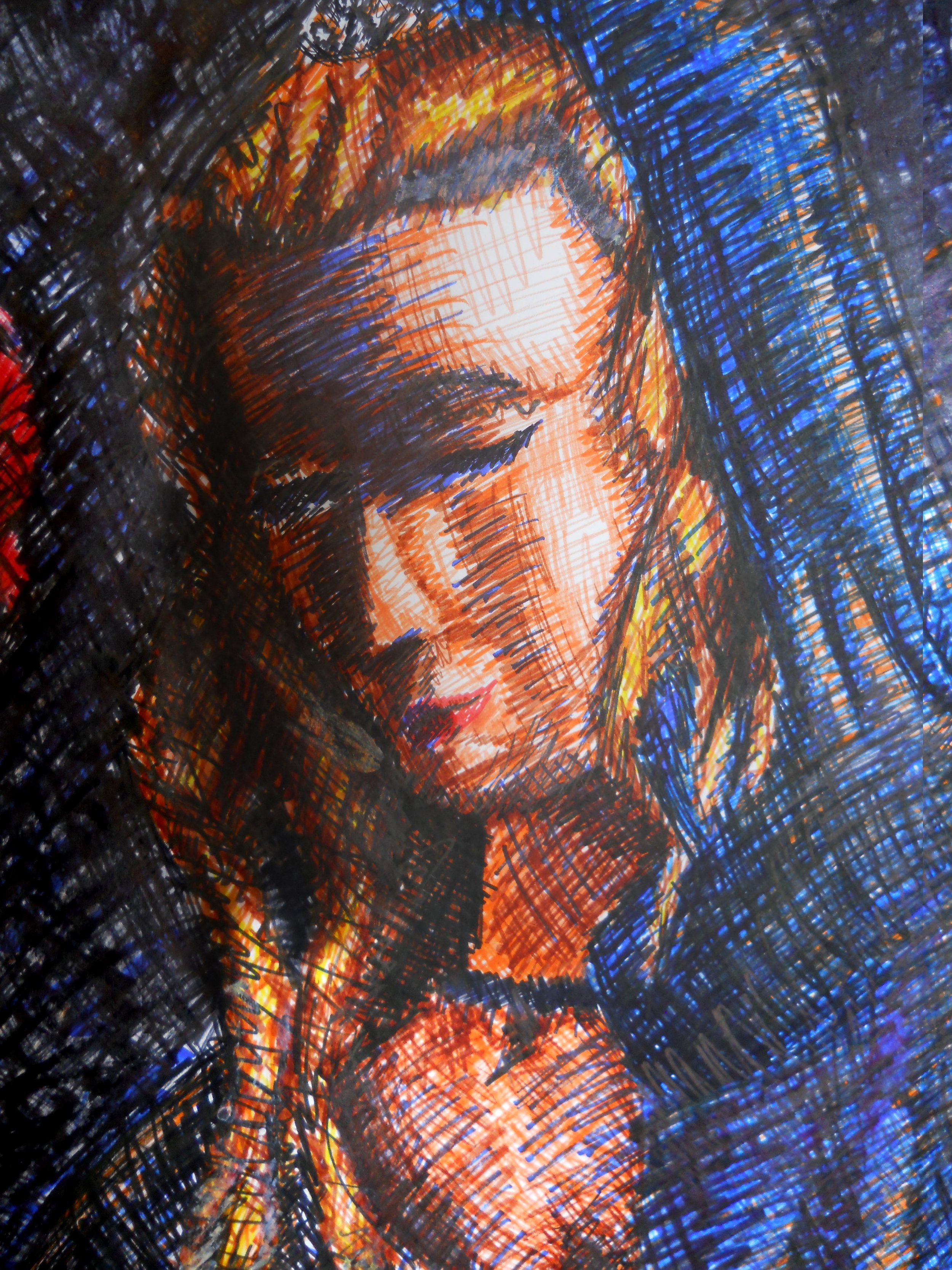 An abstract drawing of a woman with blue hair and a red shirt, using orange, black, blue, and red colors, created with a scribble or cross-hatch technique.