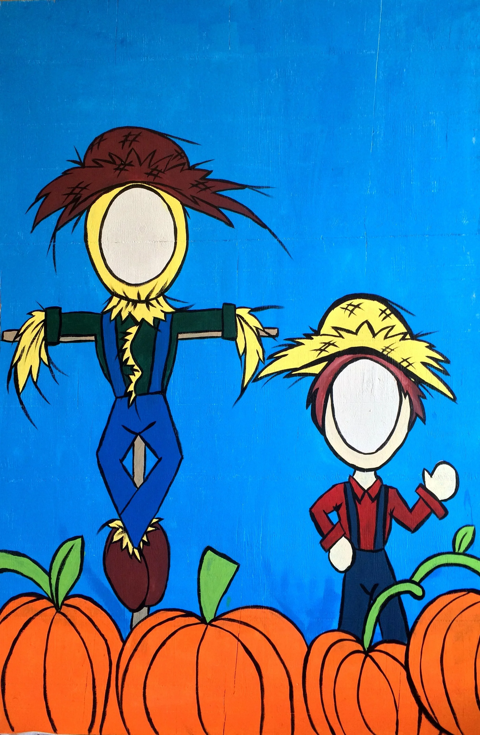 Colorful cartoon painting of two faceless children with spiky hair, standing among large orange pumpkins and green leaves on a blue background.