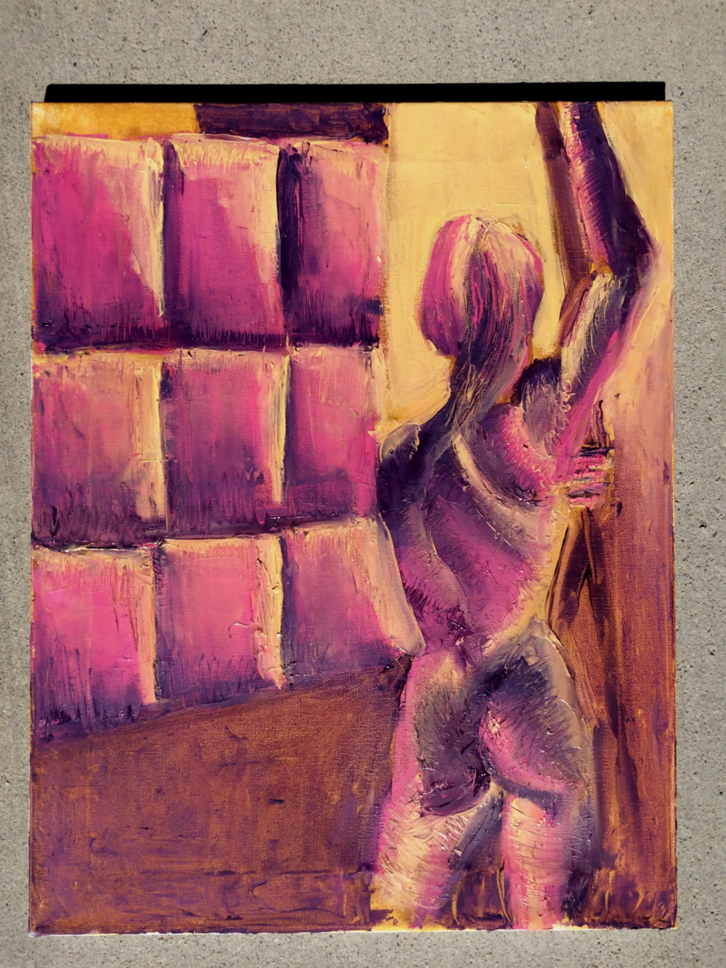 A colorful oil painting of a woman with long hair, sitting in front of a wall of pink-colored books.