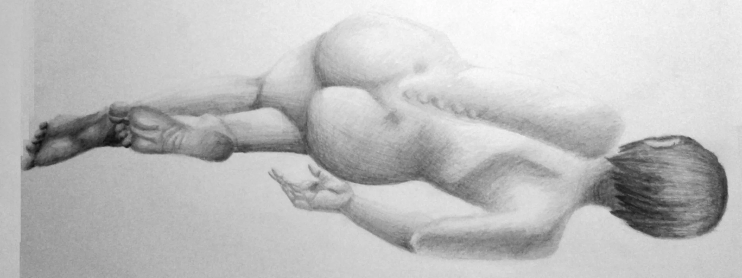 A realistic pencil sketch of a person with long hair, viewed from behind and slightly to the side, with detailed shading of their shoulder, back, and hair.