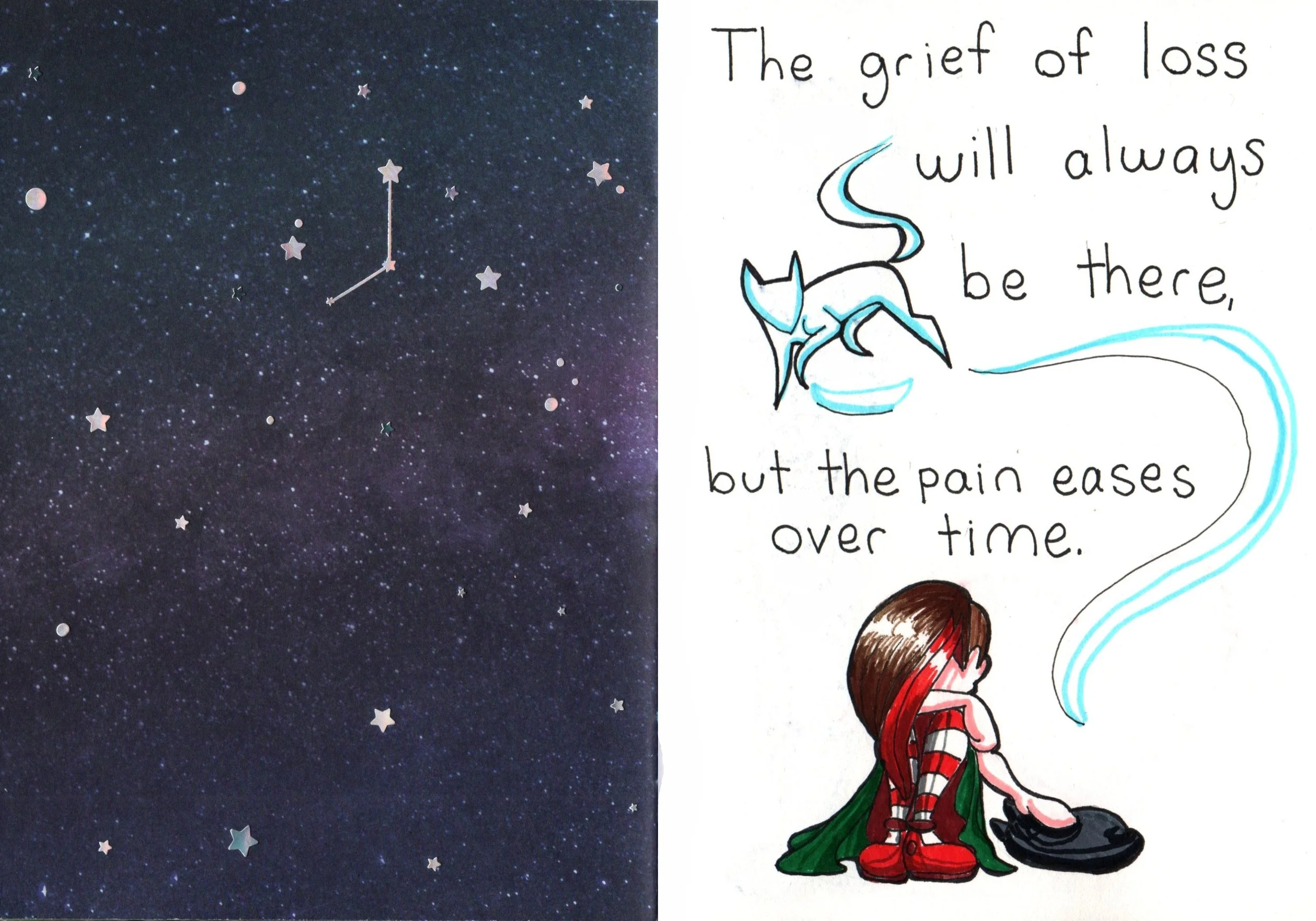 A digital illustration features a dark, starry night sky on the left side with numerous small white stars and a clock showing the time as 3:00. On the right side, there is a white background with handwritten text, a drawing of a person with long hair