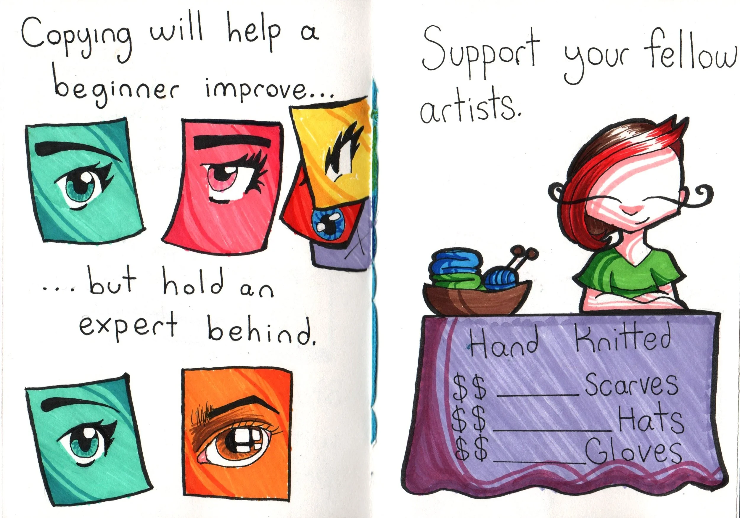 A colorful hand-drawn illustration showing three cartoon-like eyes with different colors and expressions, accompanied by handwritten text about copying art and supporting artists, and a drawing of a girl with red hair sitting at a table with knitting