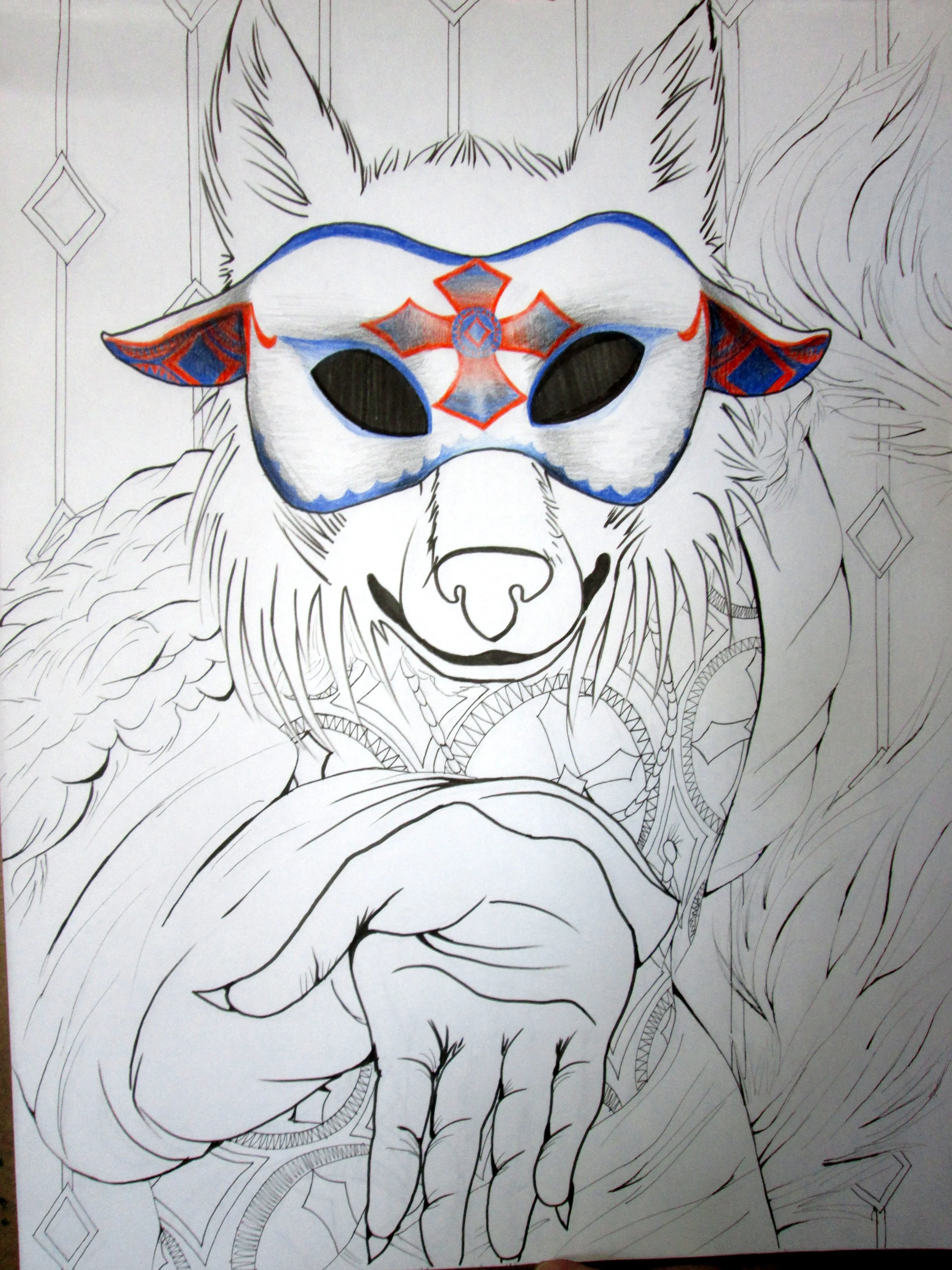 A black and white line drawing of a wolf wearing a decorative mask with red, blue, and gray details, holding a small object between its fingers. The wolf is surrounded by intricate geometric and patterned designs.