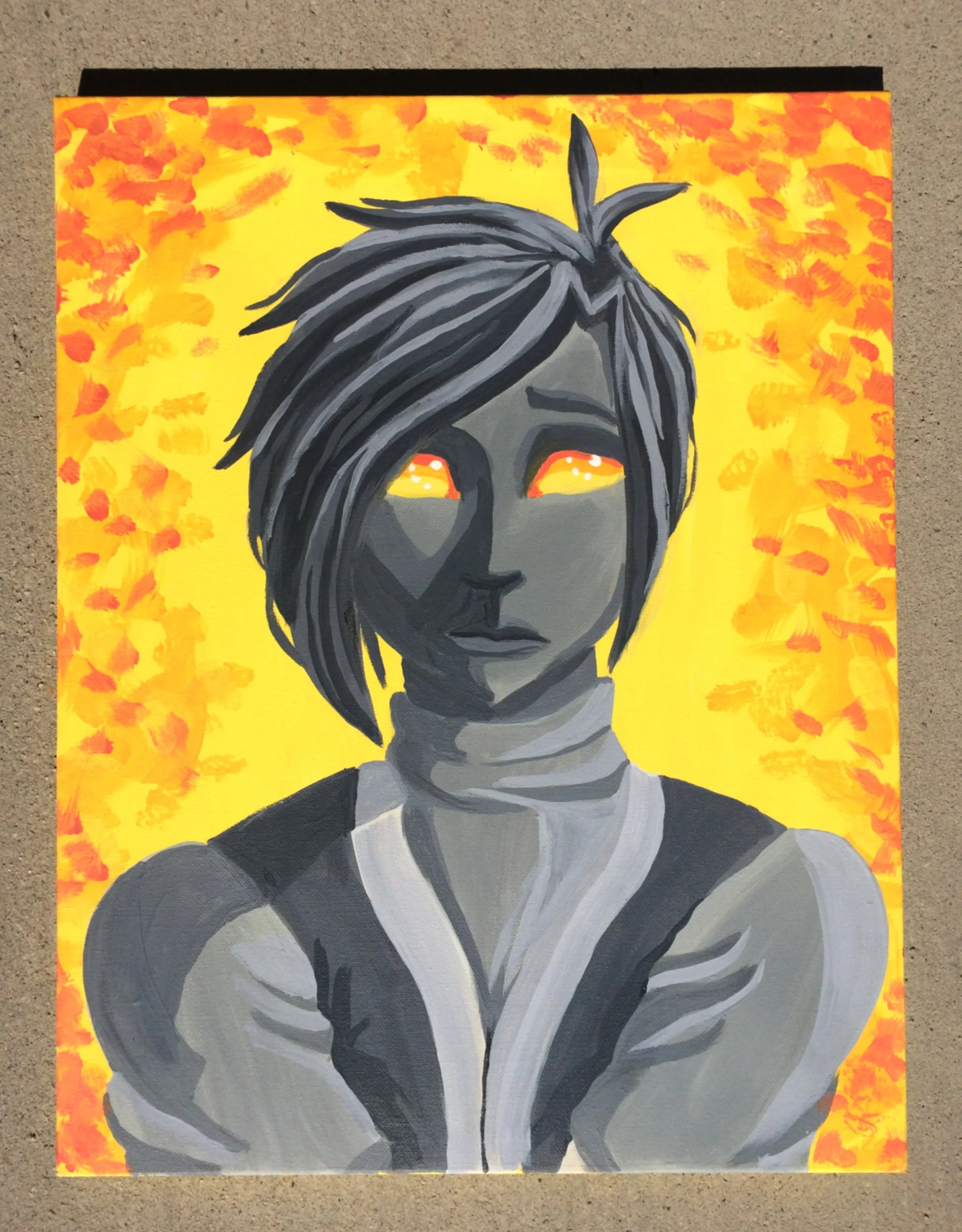 Painting of a woman with short dark hair, yellow eyes, wearing a white and black shirt, set against a yellow background with orange and red abstract patterns.