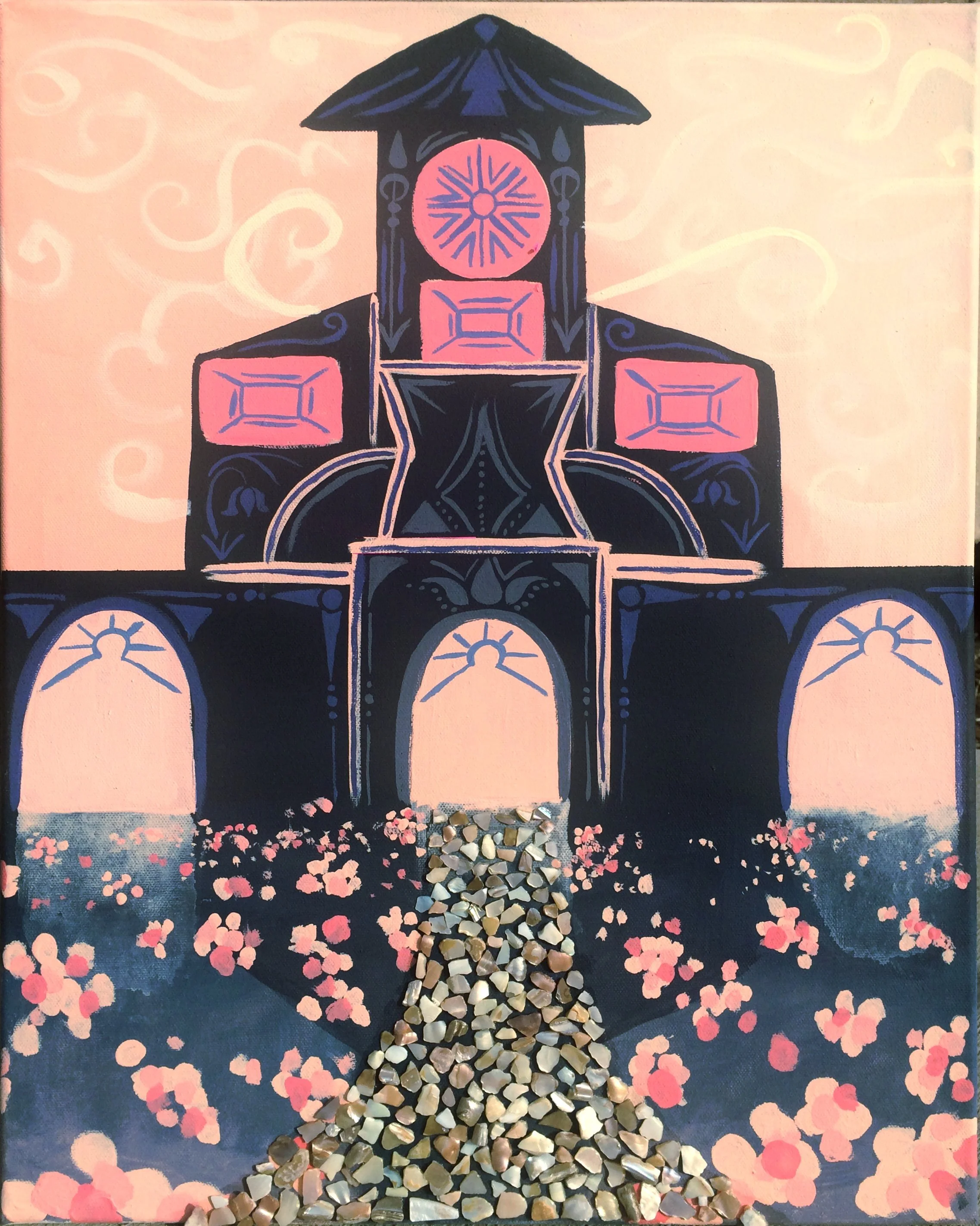 An artistic watercolor painting of a structure resembling a clock tower, with pink and blue details, surrounded by pink flower petals, and a path of small stones leading to the tower's entrance.