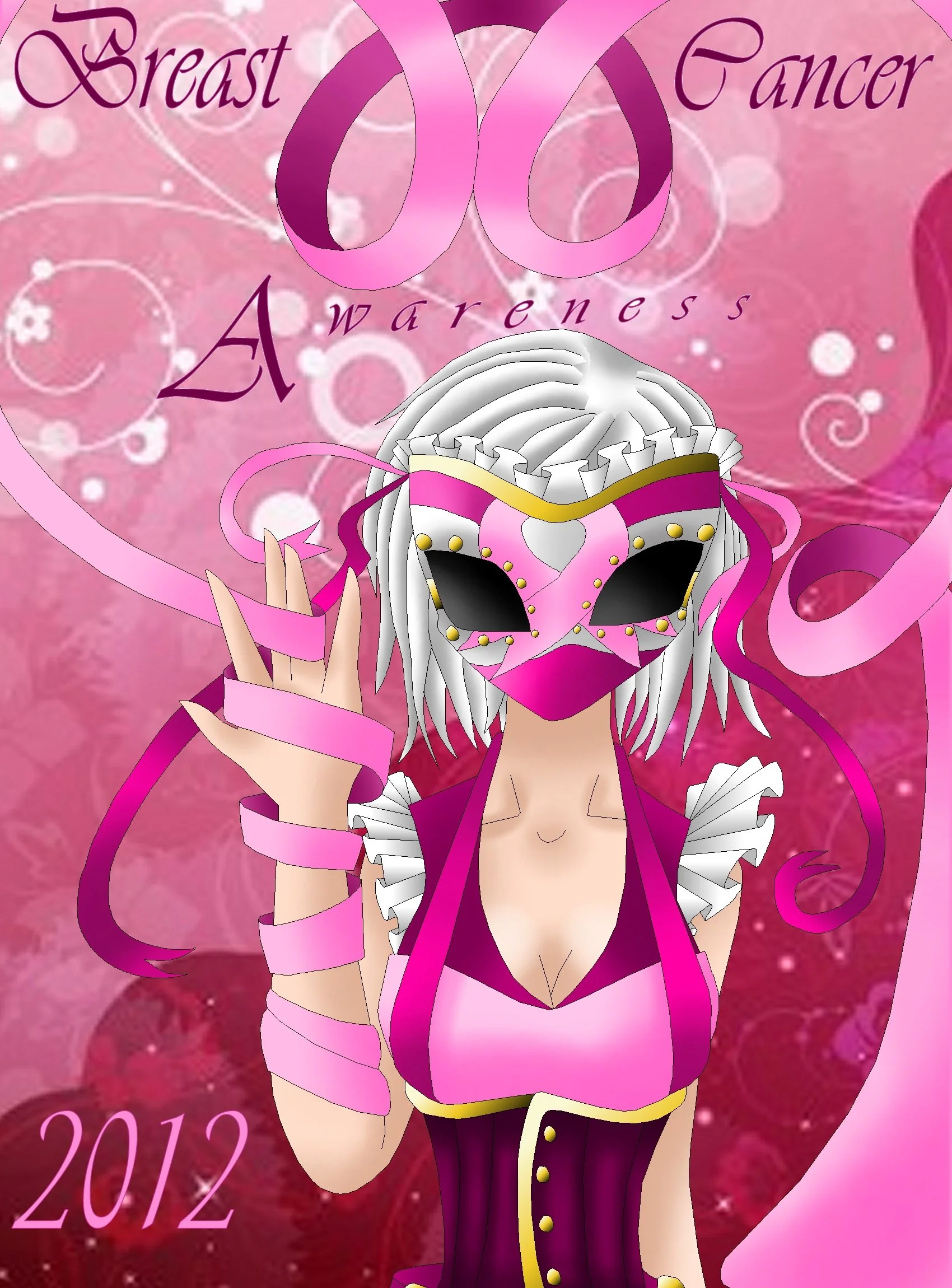 A cartoon-style illustration of a woman with silver hair wearing pink and purple attire, a mask, and a crown, with pink ribbons framing her face. The background is pink with swirling patterns and white circles, featuring the words 'Breast Cancer Awar