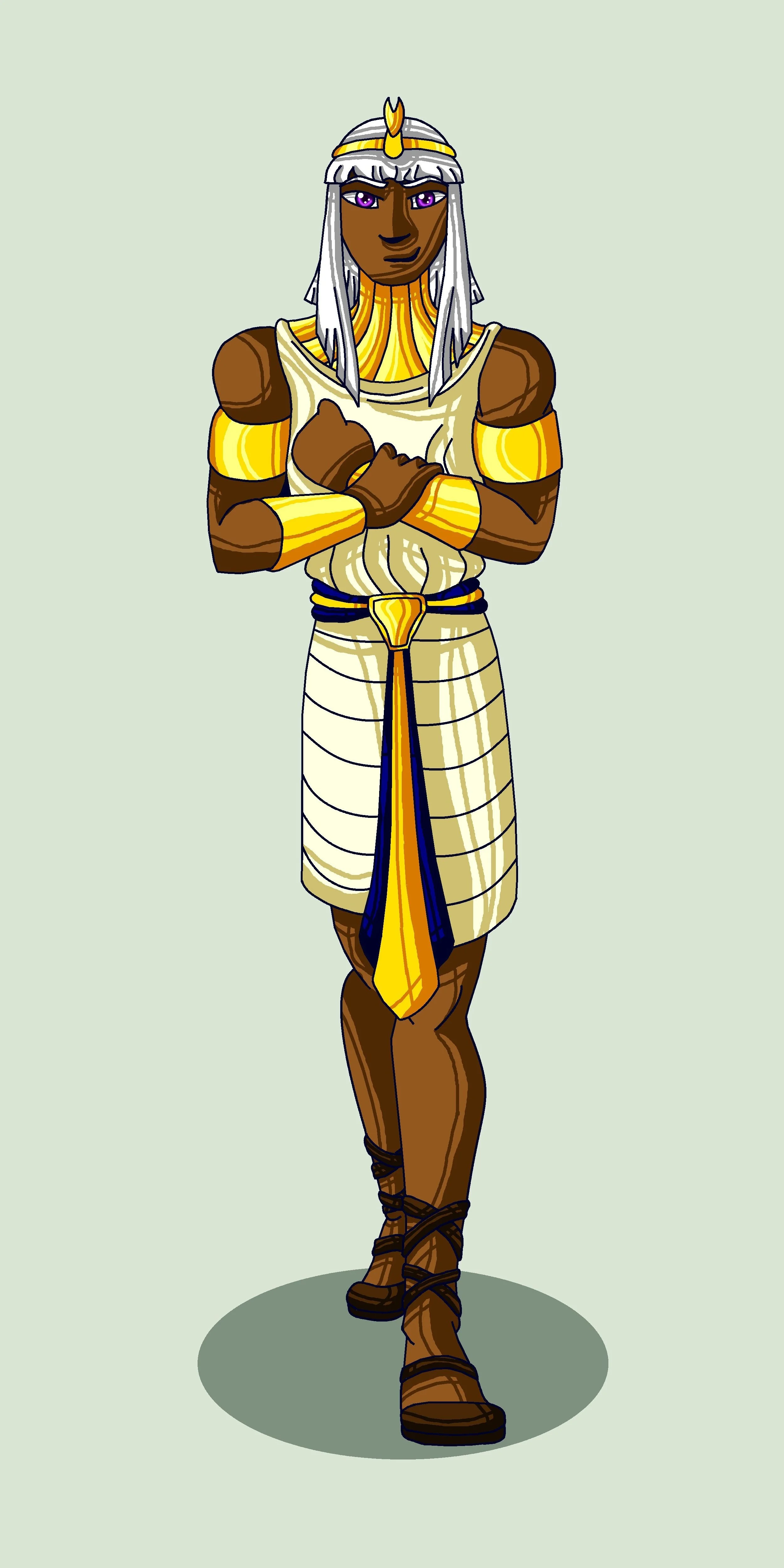 Animated character dressed as an ancient Egyptian pharaoh, with dark skin, white and gold headdress, sleeveless tunic, arm bands, and sandals.