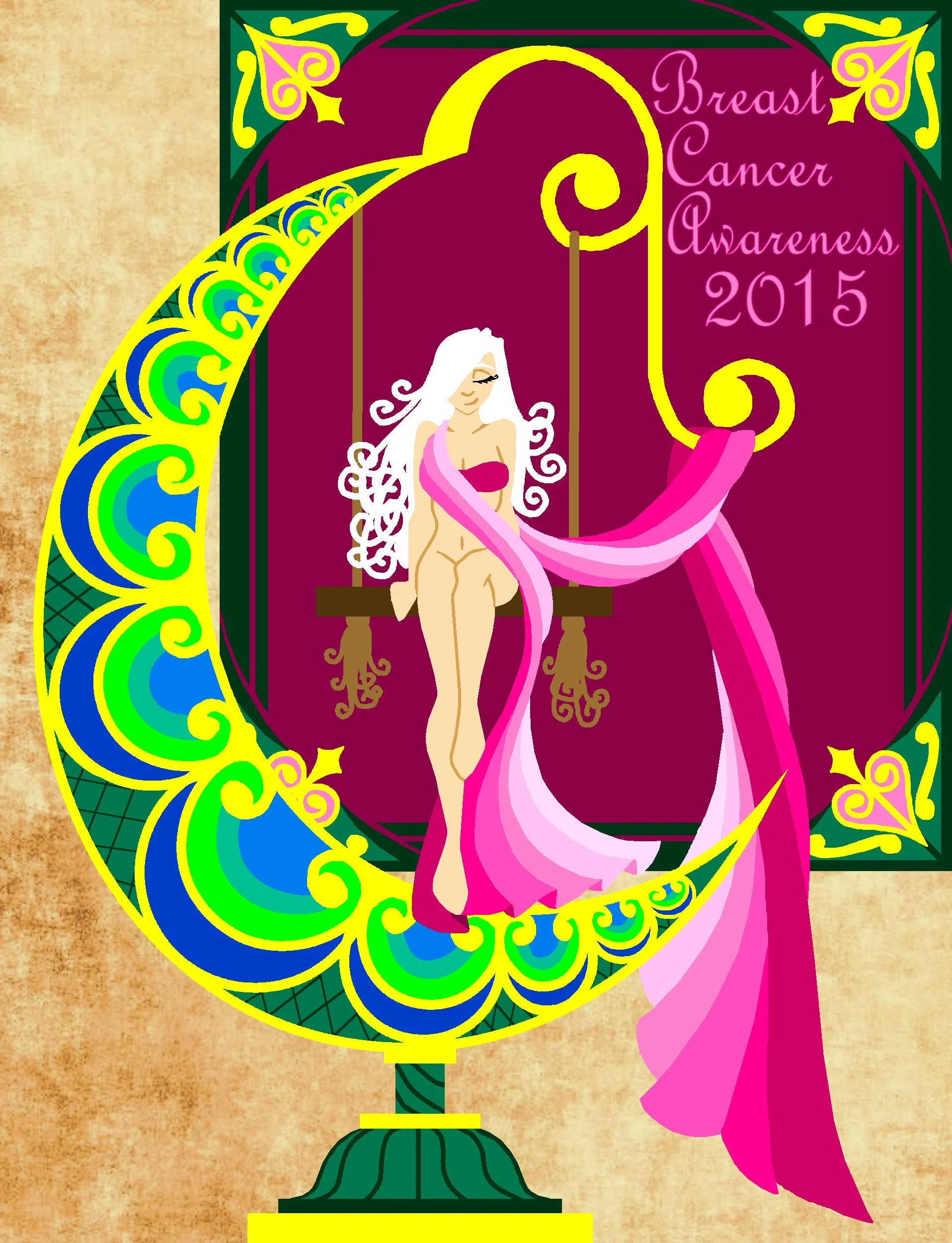 Poster for Breast Cancer Awareness 2015 with an illustration of a woman sitting on a swing, surrounded by colorful decorative patterns and a sign that reads 'Breast Cancer Awareness 2015'.