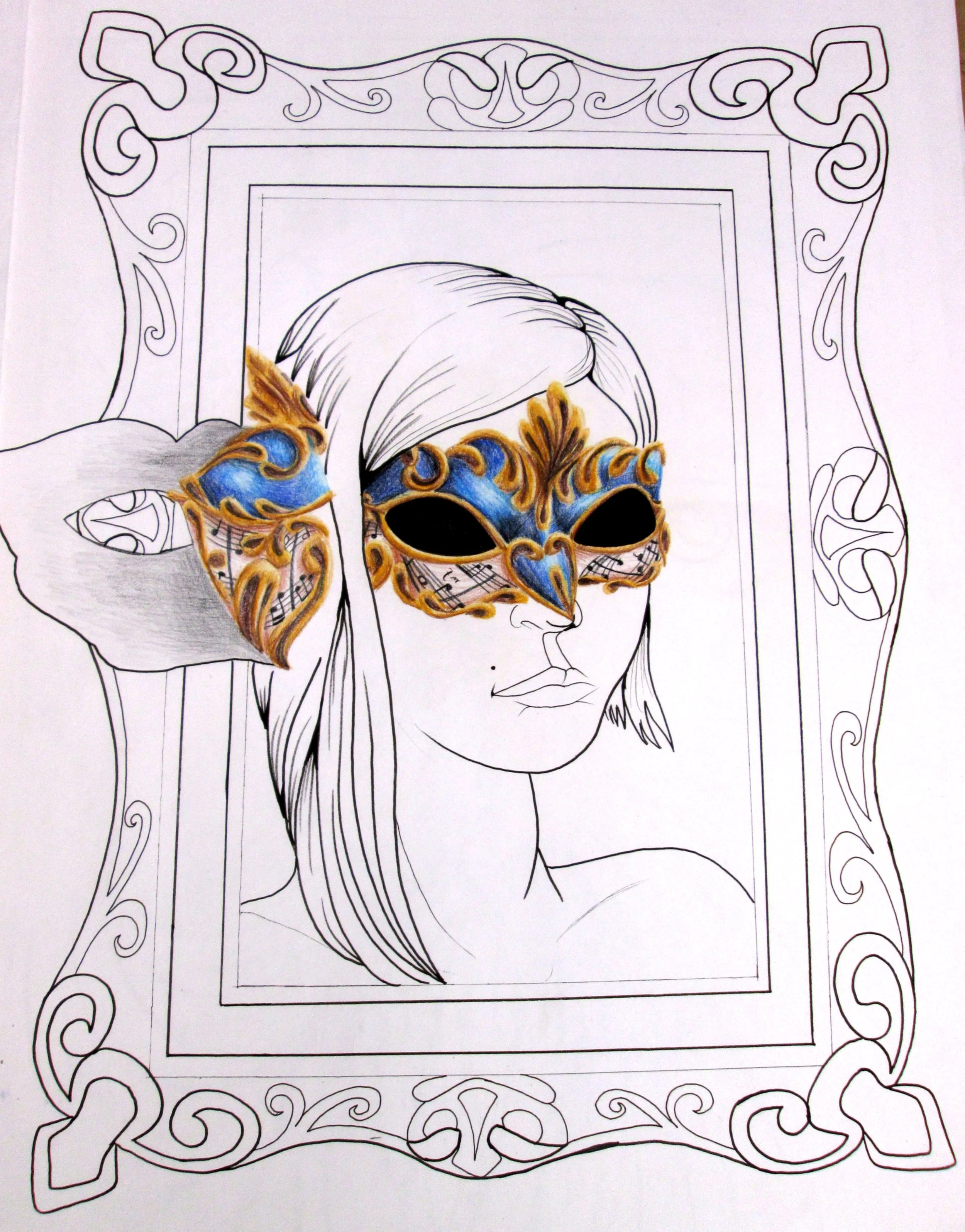 Colored Masquerade mask with gold, blue, and black details, placed on a line drawing of a woman's face with ornate border.