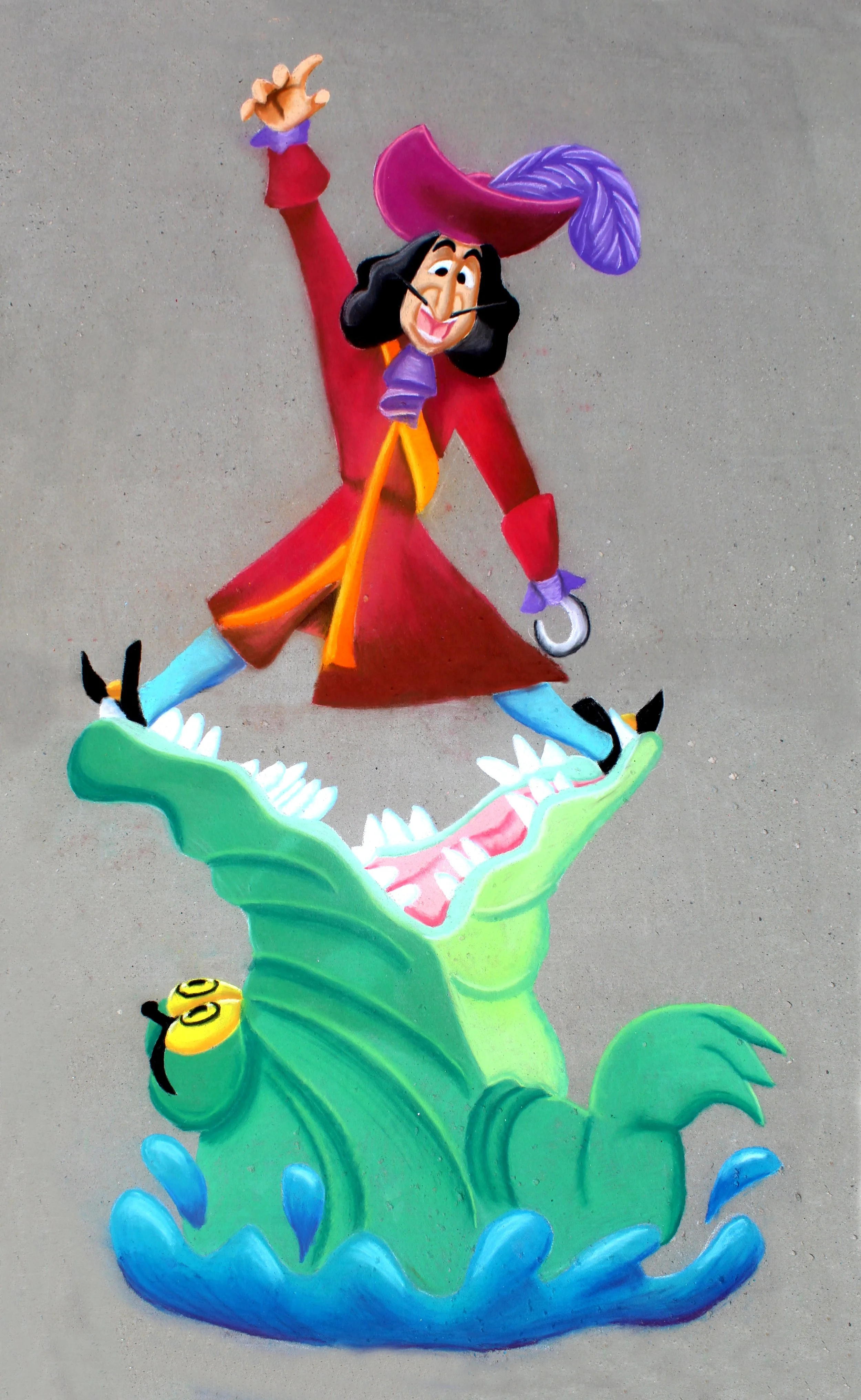 Colorful street art mural of a cheerful witch with purple hair, red dress, and cape, standing on a large green and blue smiling monster with yellow eyes and black antennae, against a plain gray background.