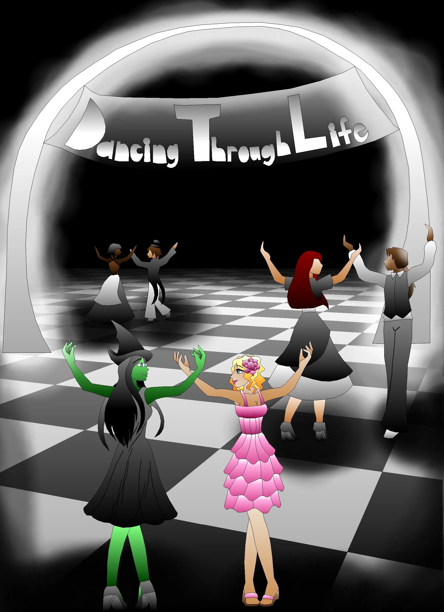 People dancing in a ballroom with a black and white checkered floor. A banner above says 'Dancing Through Life'.