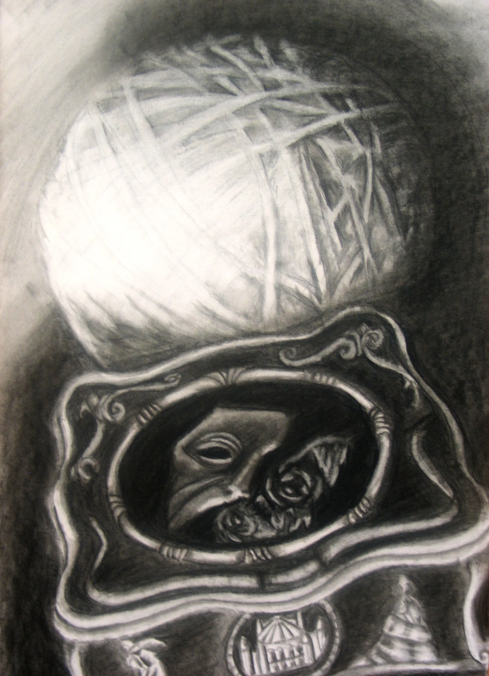 A black and white drawing of a skull with intricate designs and patterns surrounding it.