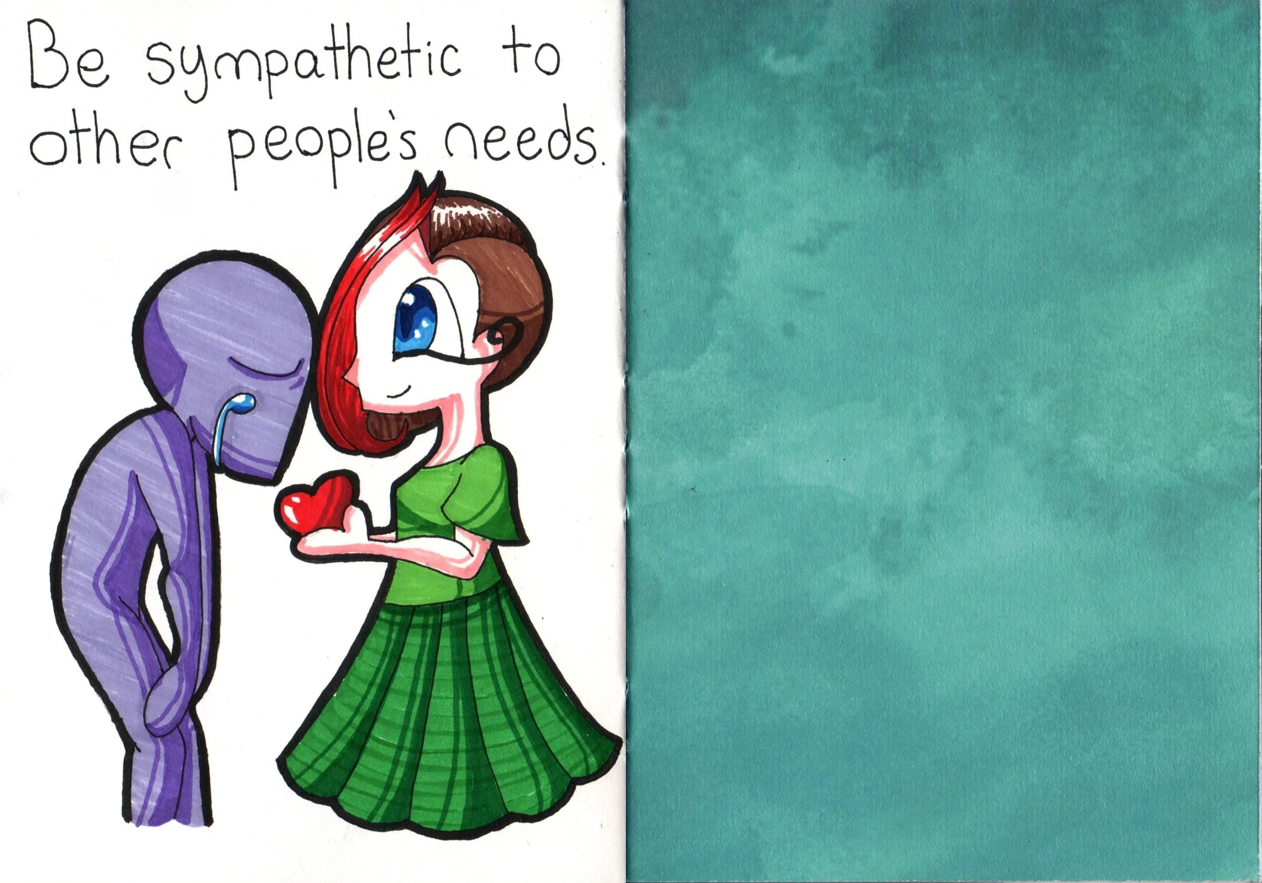 Drawing of three characters: a purple figure with a small smile, a girl with brown hair, glasses, and a green dress holding a red heart, with text saying 'Be sympathetic to other's needs'.