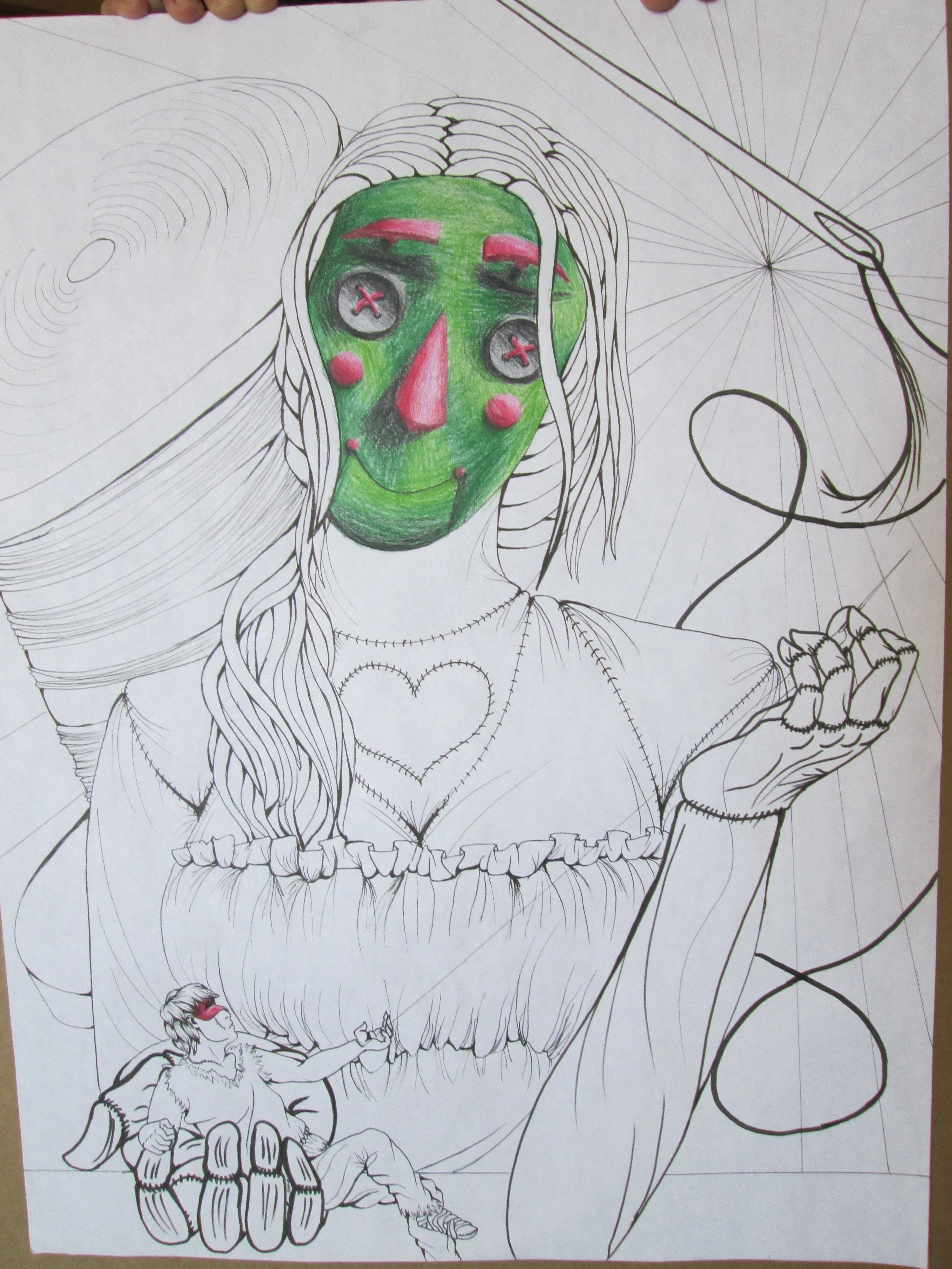 A coloring page of a woman with long hair, a heart on her chest, and holding a small animal, with a partially colored face featuring green skin, pink eyebrows, cheeks, and nose, and sad eyes with red crosses over the pupils.