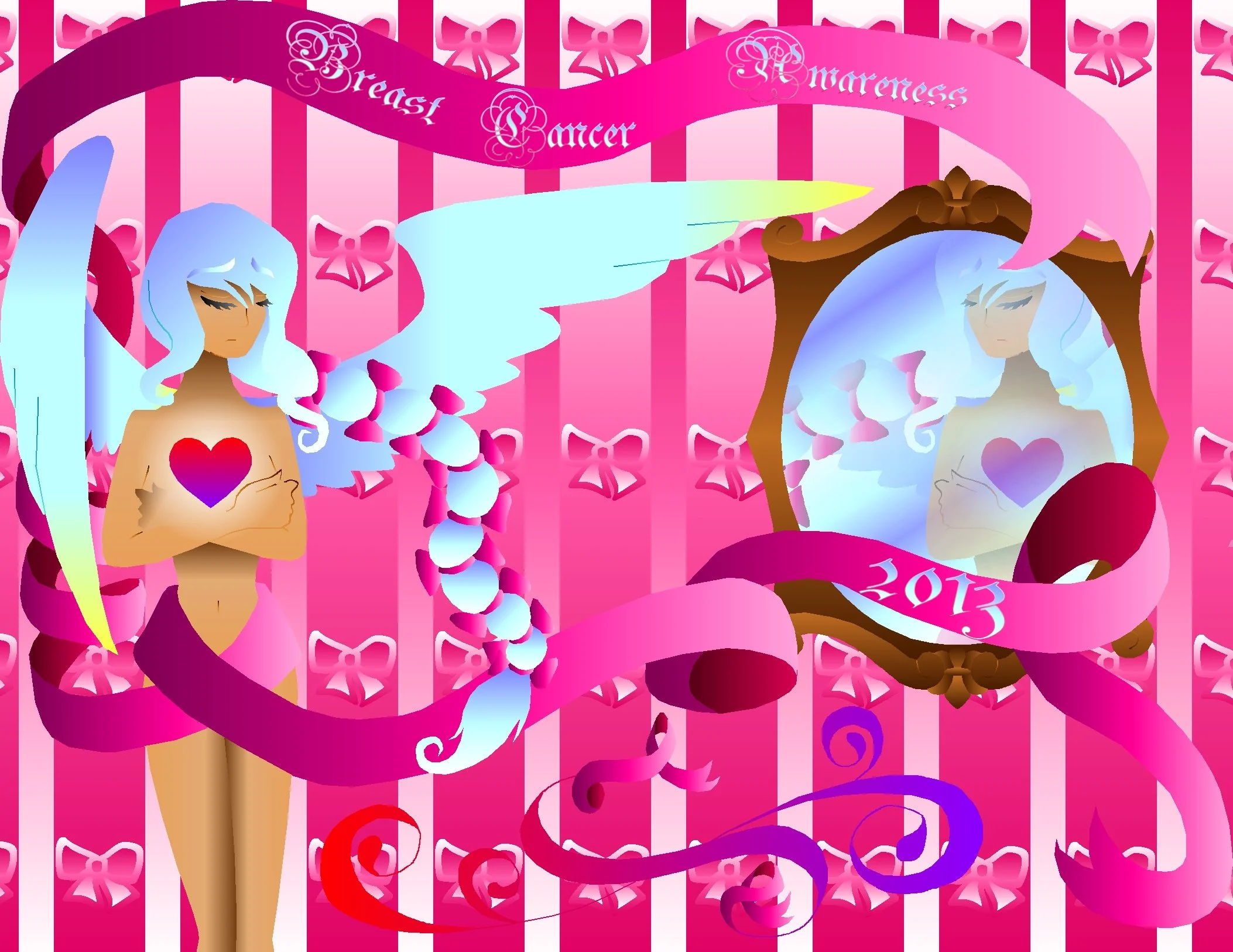 Illustration of two women with wings, one with light blue hair and the other with brown hair, both with hearts on their chests, standing in front of a pink striped background with bow patterns and the words 'Breast Cancer Awareness' on a pink ribbon.