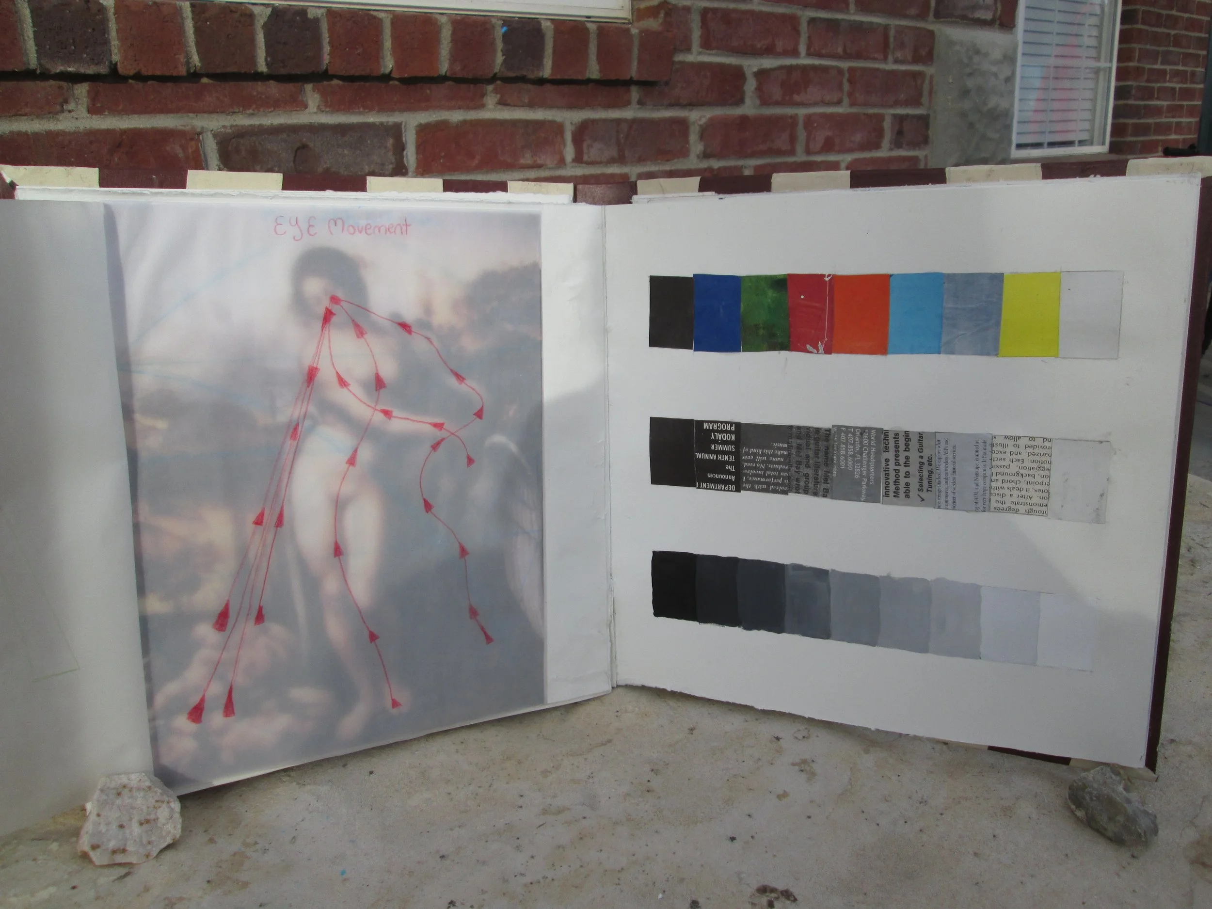 A display board with colorful charts and a diagram with arrows and the handwritten title 'EYE Movement' in pink, positioned outdoors against a brick wall with a window visible on the right.