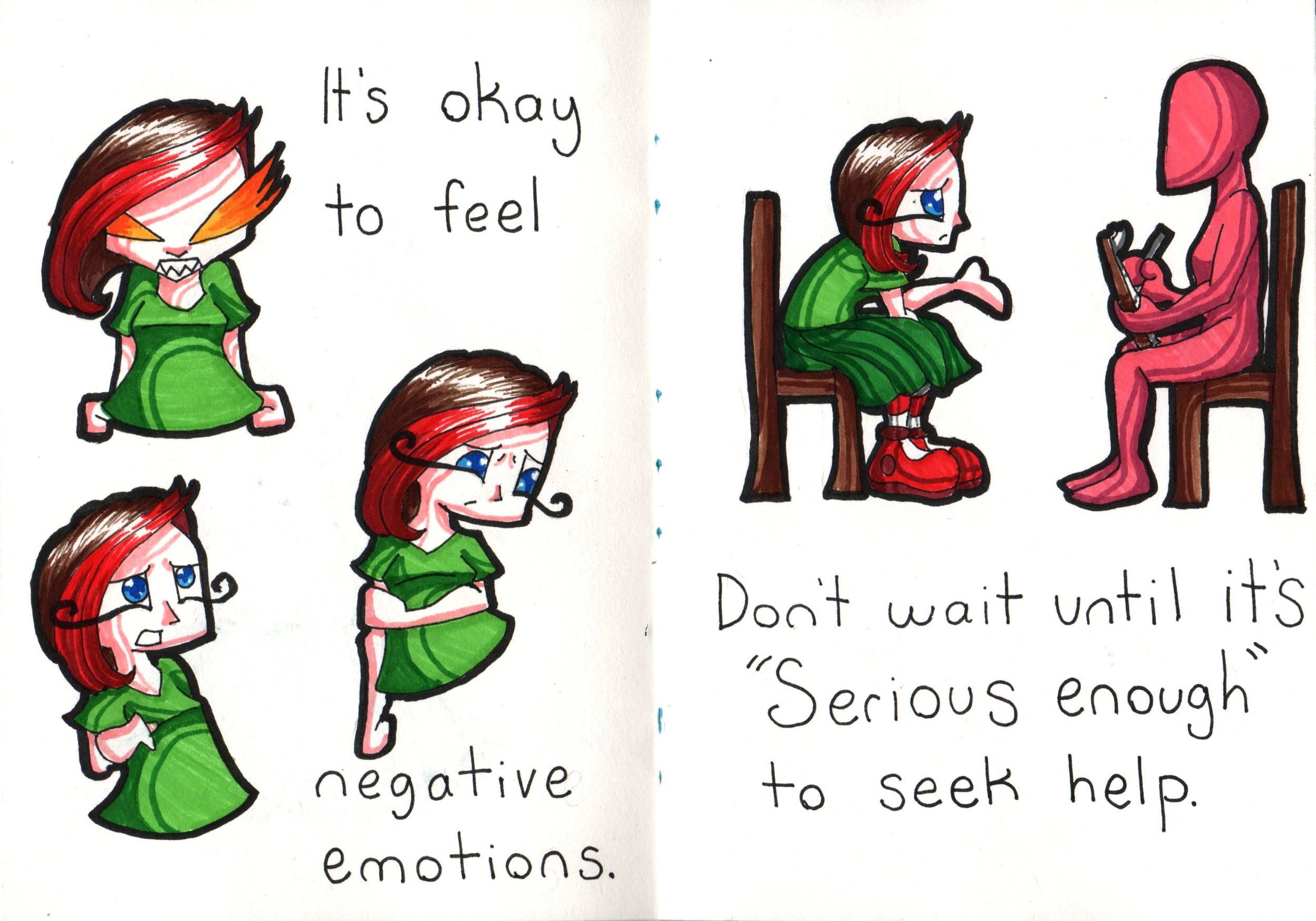 Hand-drawn illustrations of a girl with red hair and different facial expressions, including angry, sad, and happy, alongside text that says 'It's okay to feel negative emotions. Don't wait until it's 'serious enough' to seek help.'