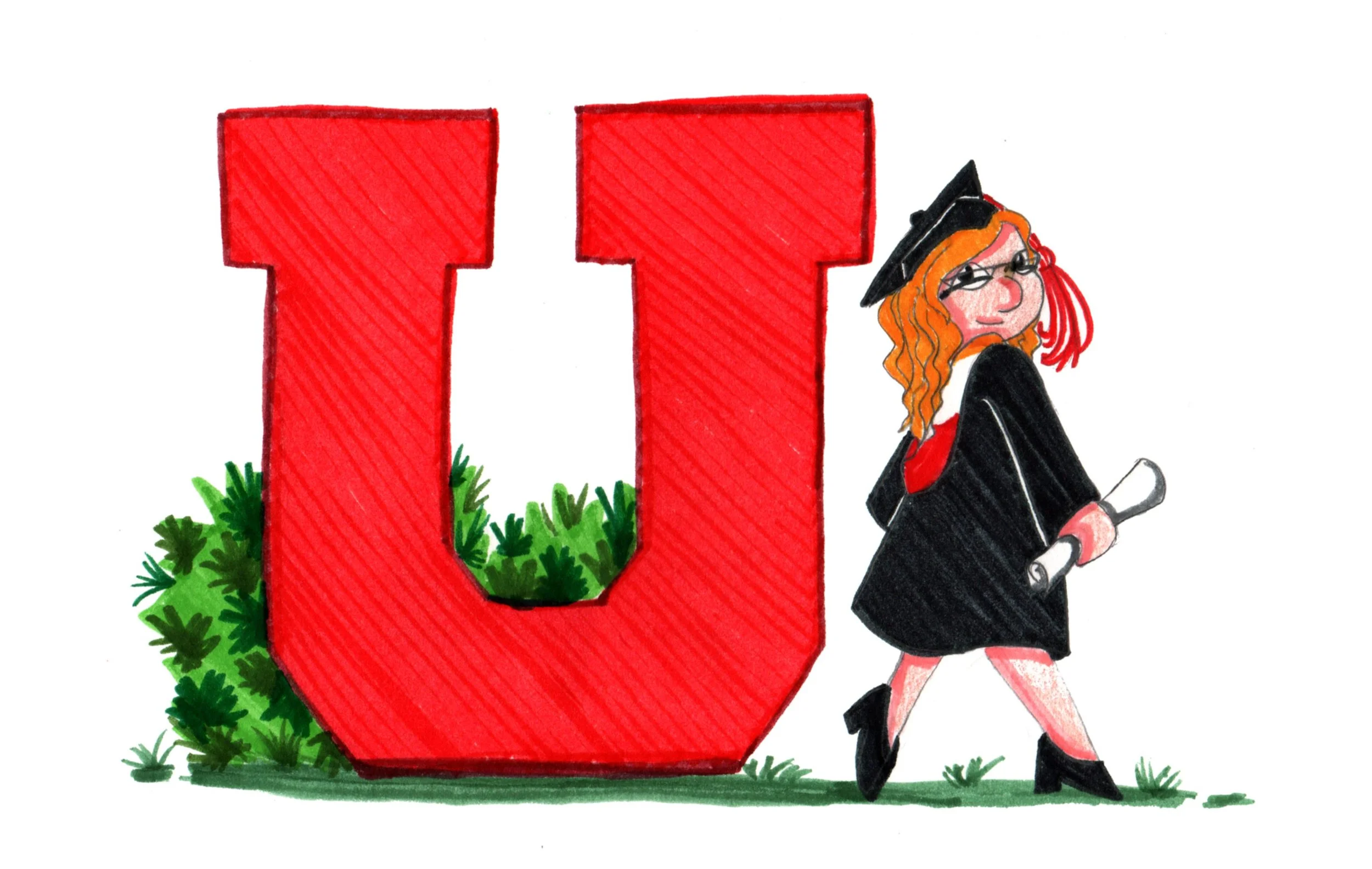 A cartoon illustration of a young woman wearing a black graduation gown and cap, holding a rolled-up diploma, standing next to a large red letter 'U' decorated with green foliage for a graduation celebration.