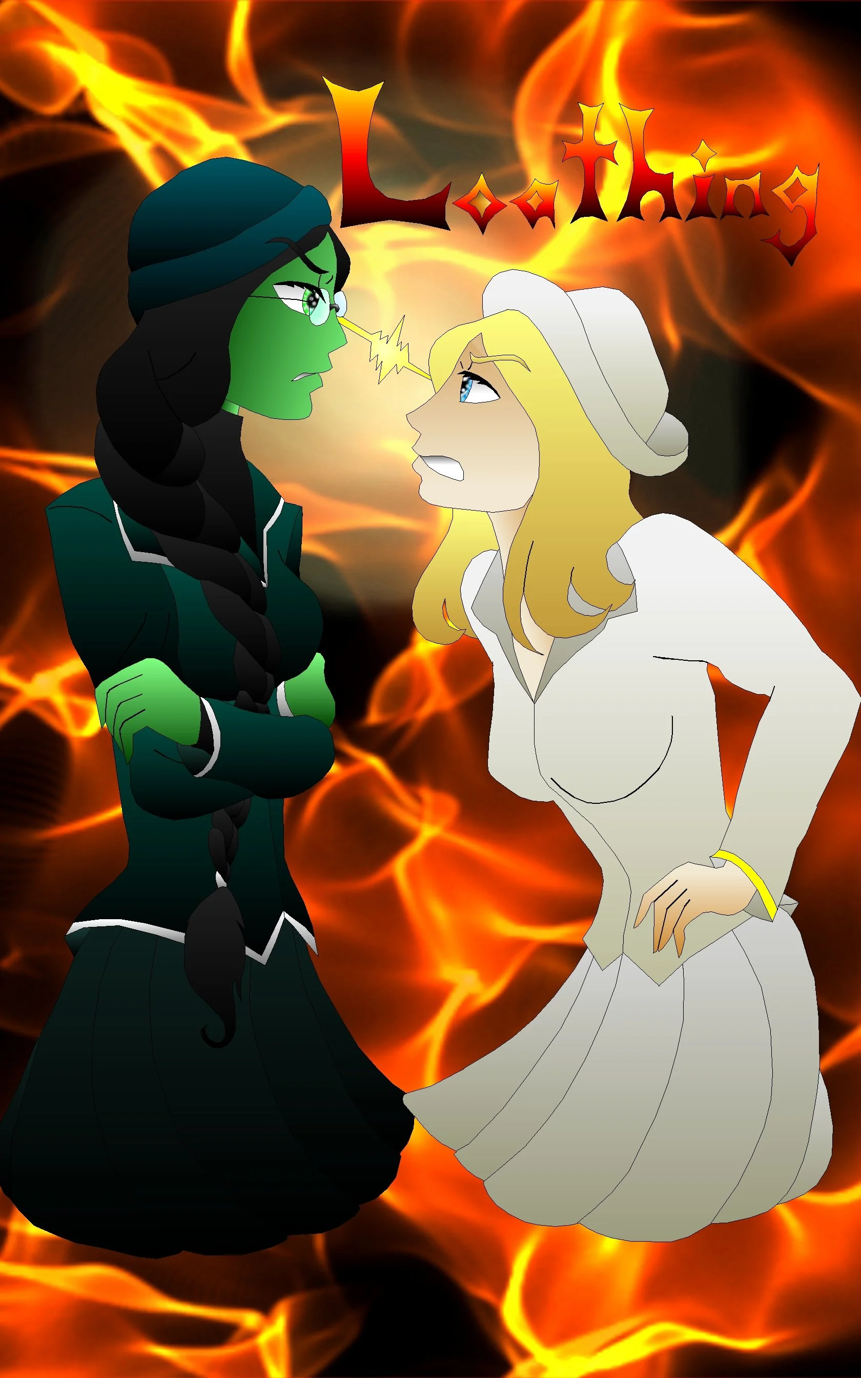 Anime-style illustration of two women facing each other, one with green skin, black hair in a braid, glasses, and a dark green outfit, and the other with light skin, blonde hair, a white hat, and a white dress. They are nose-to-nose with angry expres