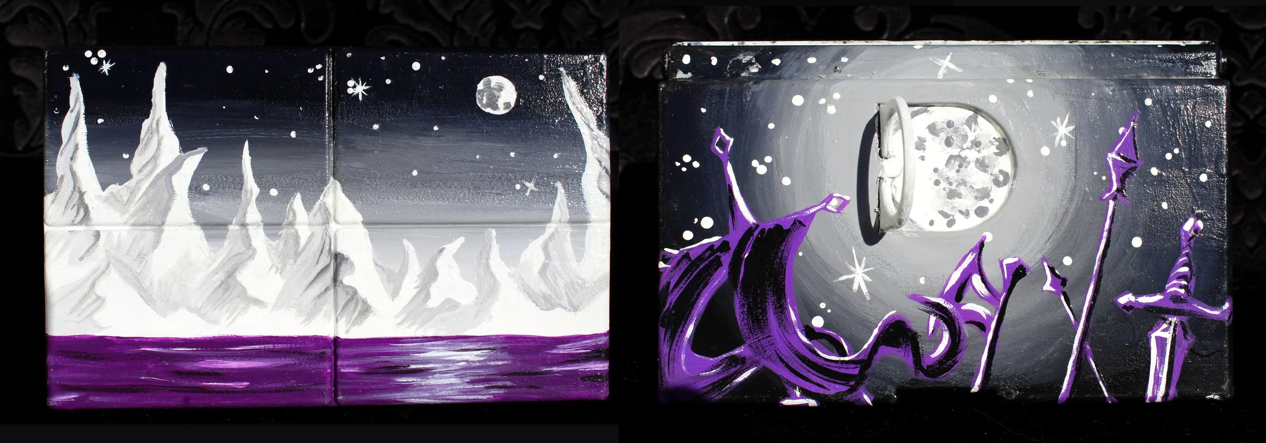 Night scene painted on two panels, with snowy trees and moon on the left panel, and abstract figures with purple accents on the right panel.
