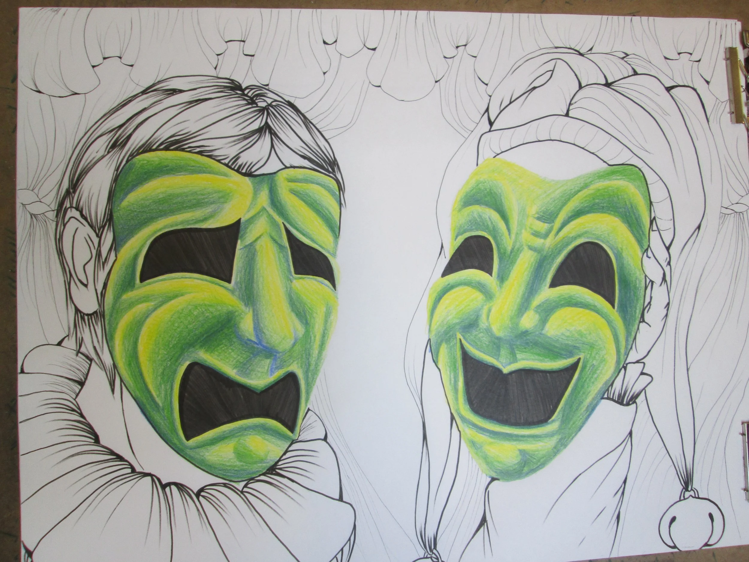 Black and white line drawing of a person's head and shoulders with hands covering their ears, with green and yellow coloring on the hands.