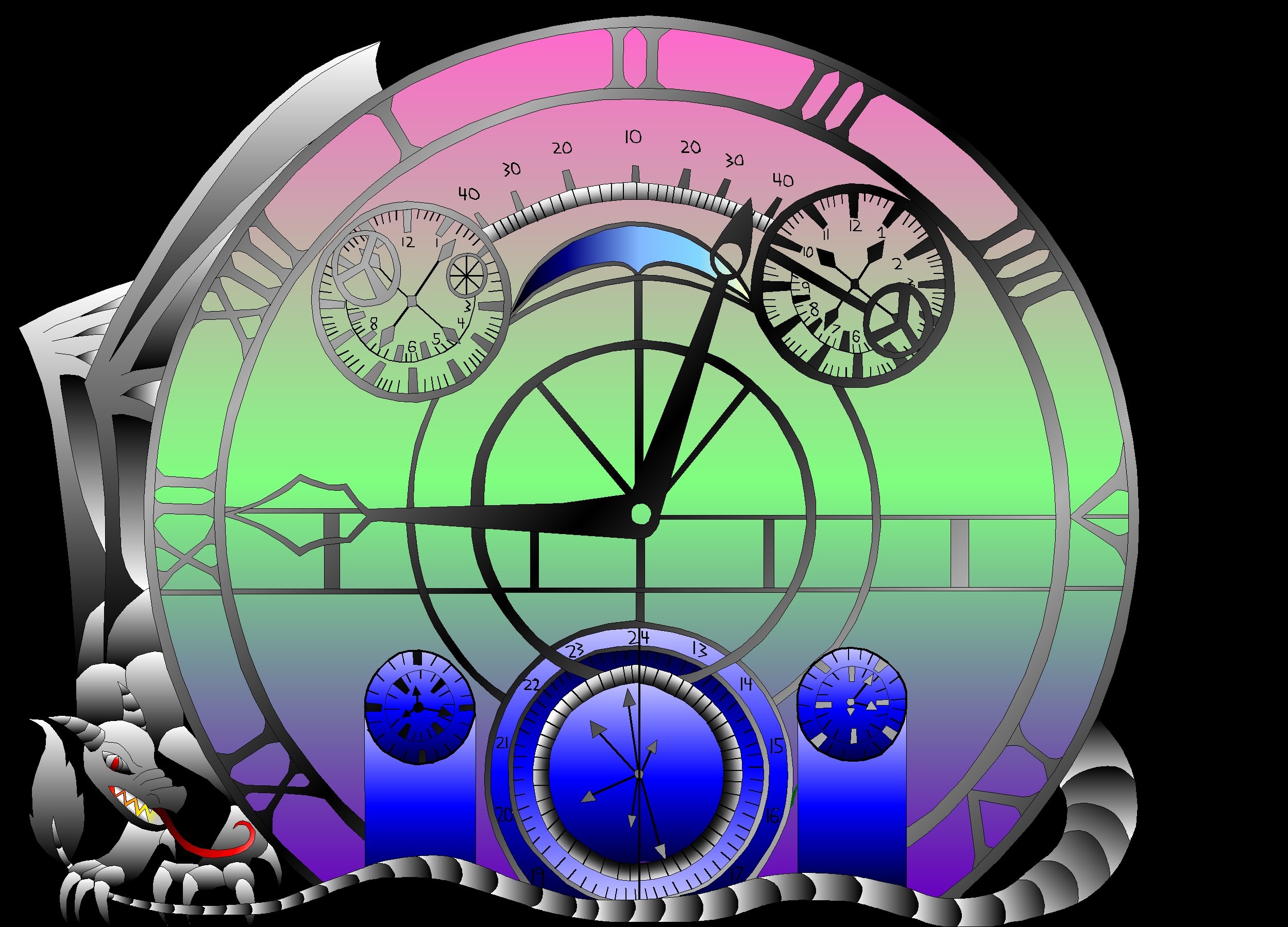 Close-up of a clock with various mechanical dials and a rainbow-colored background, featuring a snake with red eyes and sharp teeth in the bottom left corner.