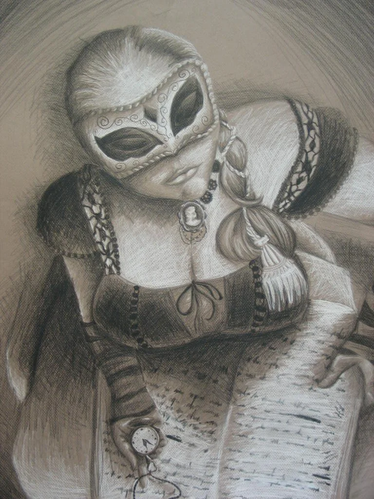 A pencil drawing of a person wearing an ornate mask, reading a book and holding a pocket watch.
