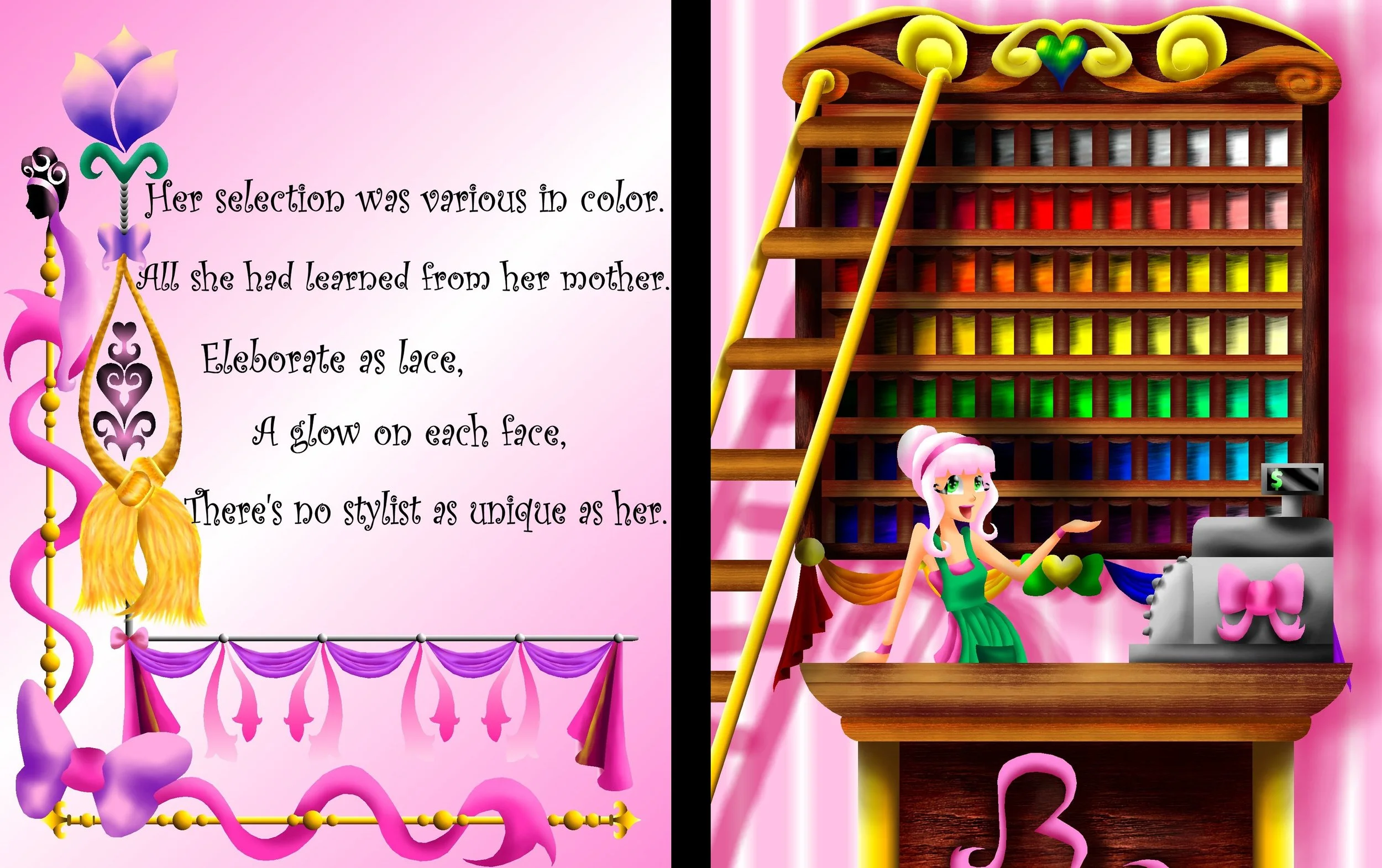 A split-screen image with a pink background. The left side shows a quote about a person's unique style with decorative pink, purple, and yellow elements. The right side depicts a cartoon girl with pink hair and green eyes sitting on a wooden ship-sha