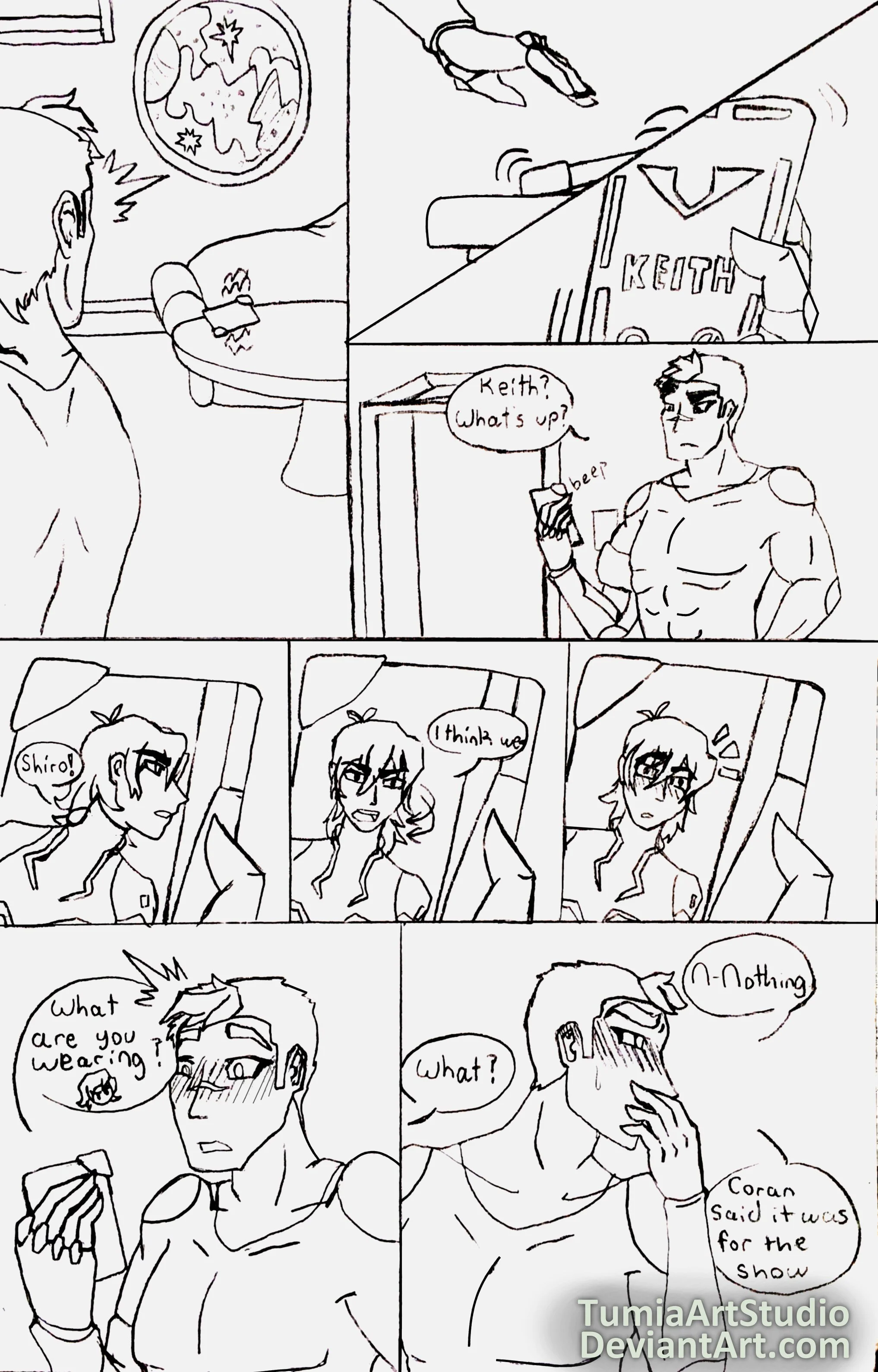 A black and white comic strip featuring two characters, a man and a woman, having a conversation about the man's clothing. The man is surprised and confused, while the woman is flipping her hair and talking about a show. The dialogue includes the wom