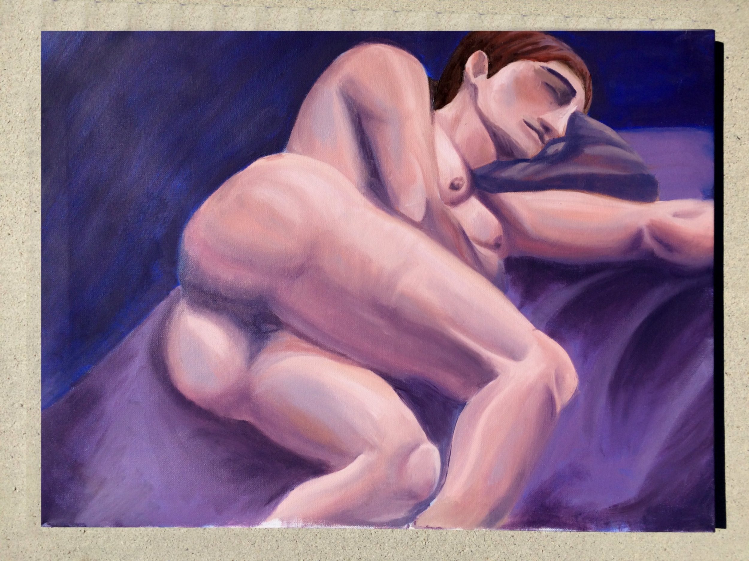 A painting of a nude woman with red hair lying down, with her eyes closed and arms folded.