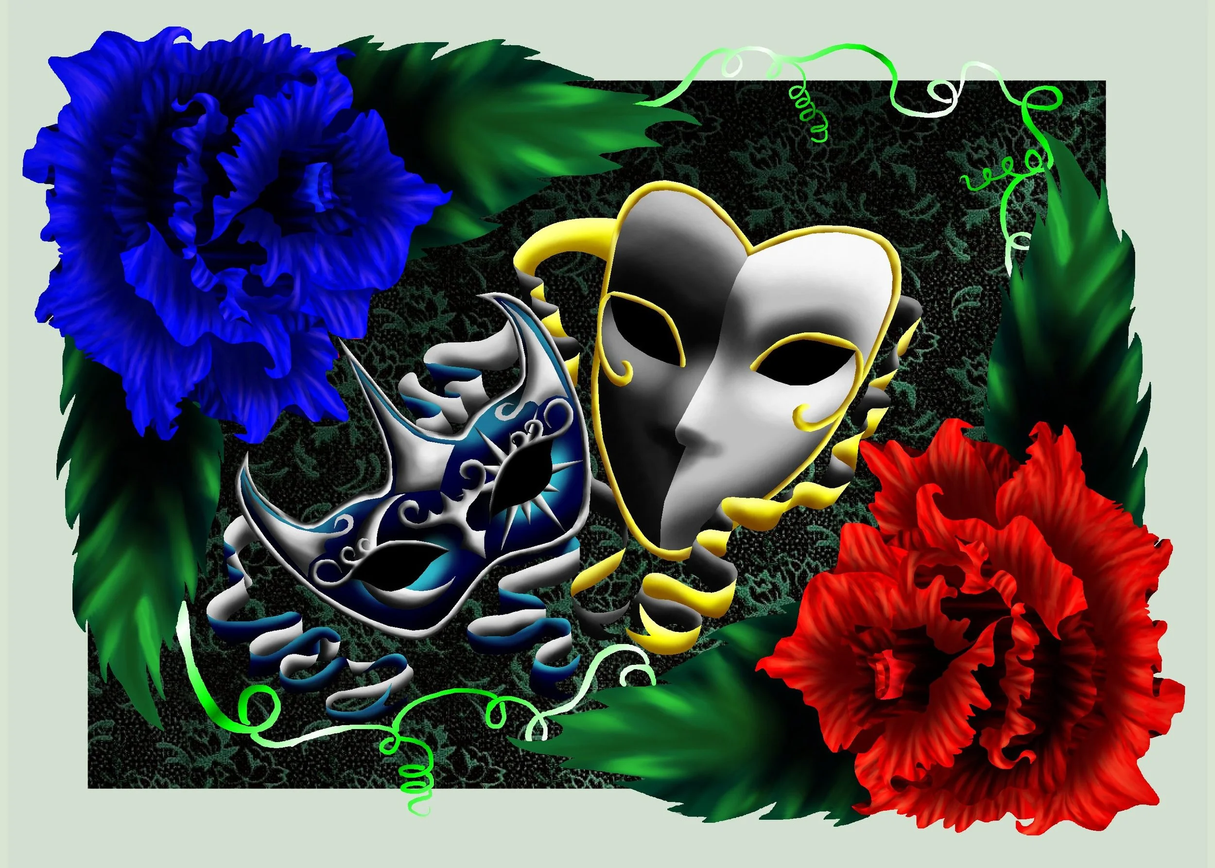 Digital illustration featuring two stylized human masks, one in black and white with gold outlines, and another with patterns, surrounded by vibrant blue and red flowers and green leaves.