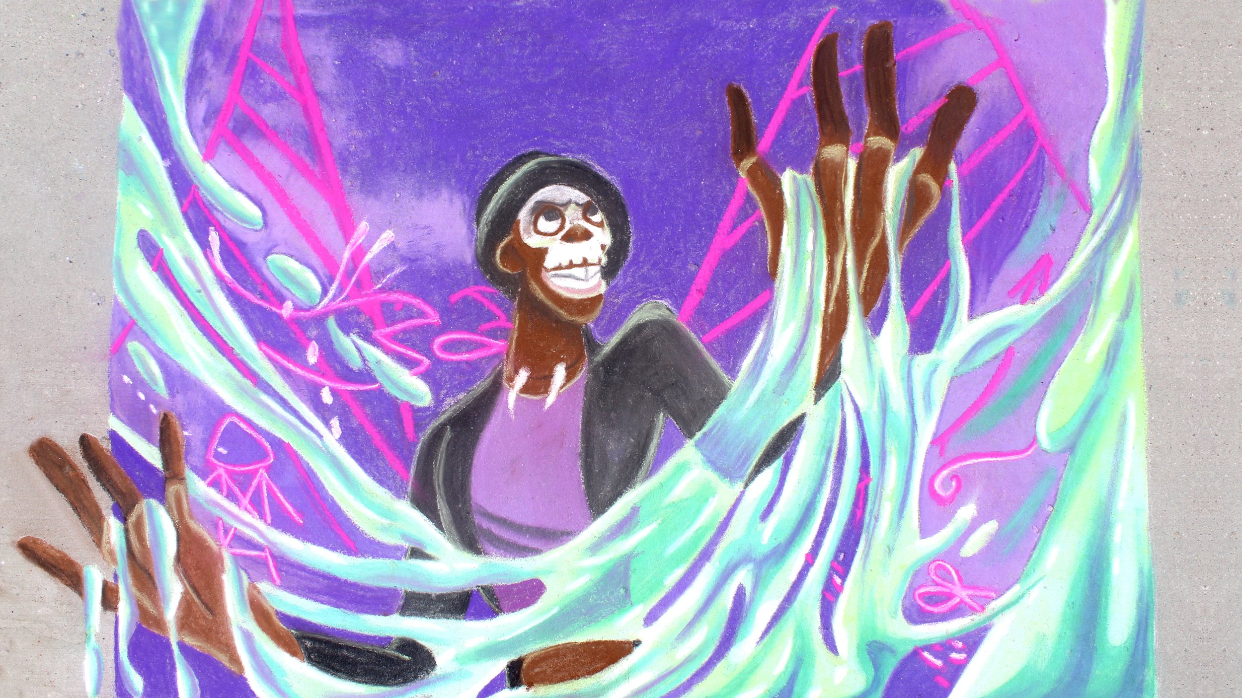 A colorful chalk drawing depicts a person with dark skin, short black hair, dressed in black, surrounded by swirling neon-colored lines and shapes, with a purple background and brown hands in the foreground.