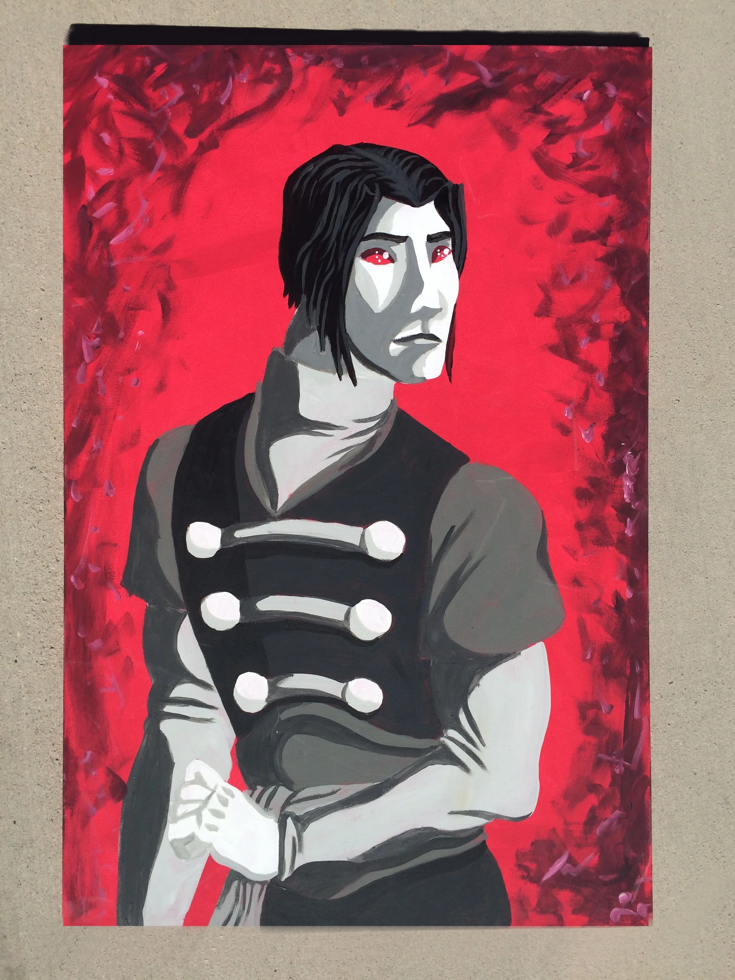 A painting of a woman with black hair, wearing a black sleeveless top with white dots and a gray long-sleeved shirt underneath, set against a red background with purple and pink abstract shapes.