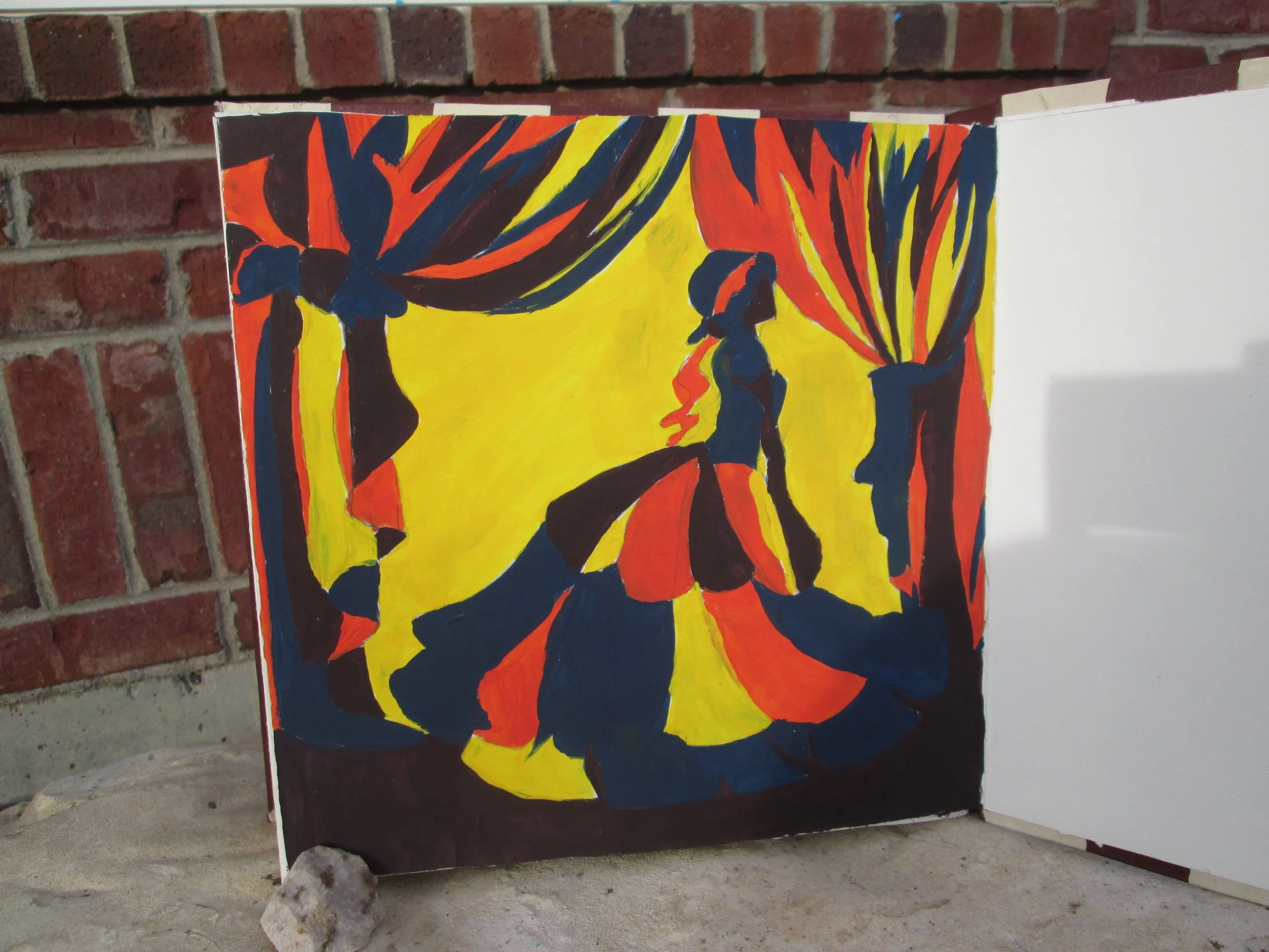 A colorful abstract painting featuring silhouettes of people with umbrellas, set against a vibrant yellow background, displayed on an easel outdoors with a brick wall in the background.