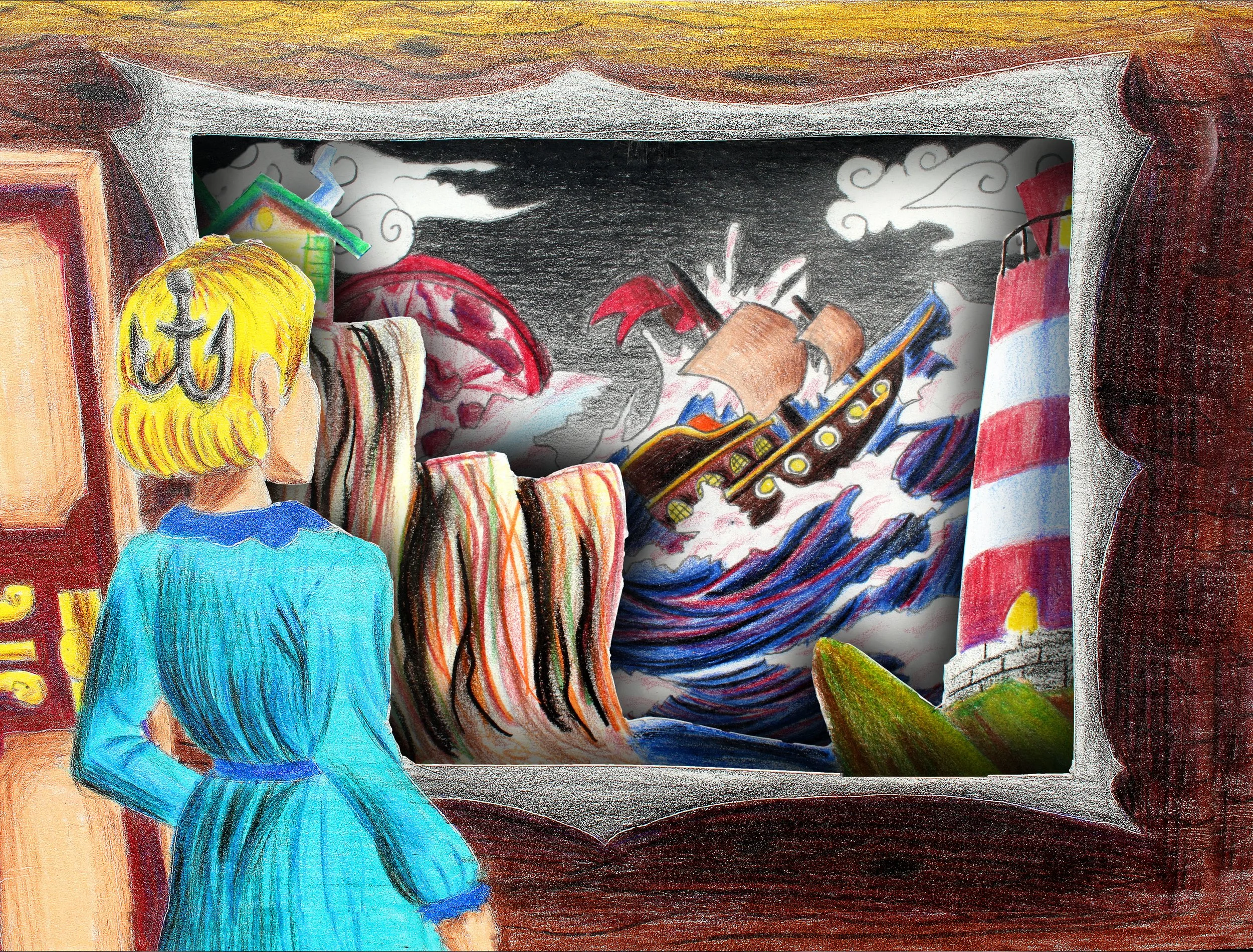 A child's drawing of a person with long yellow hair holding a small umbrella, facing a stormy scene with a ship amid waves, clouds, and lightning, inside a window frame outlined in dark color.