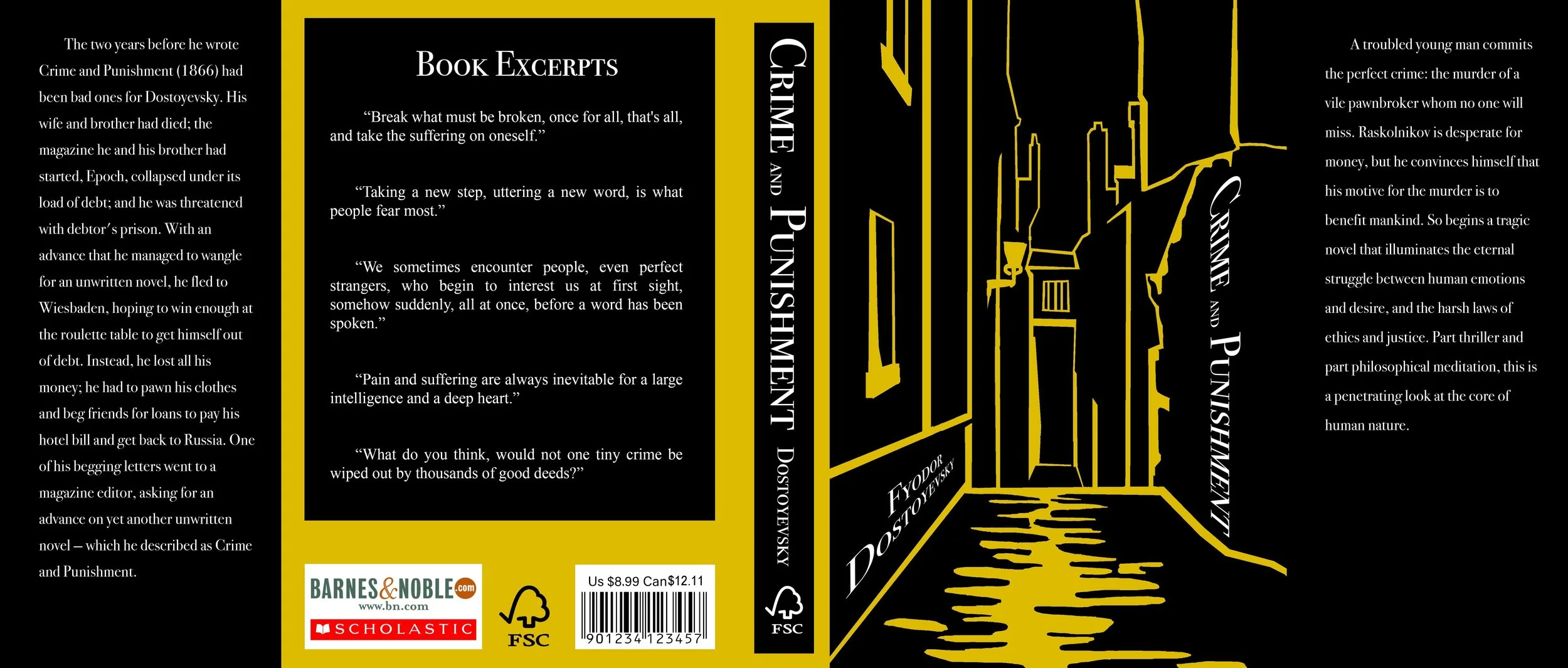 The front and back cover of the book "Crime and Punishment" by Fyodor Dostoevsky. The cover features a black background with a yellow illustration of a city alleyway. The back cover includes excerpts from the book and publishing details, and the fron