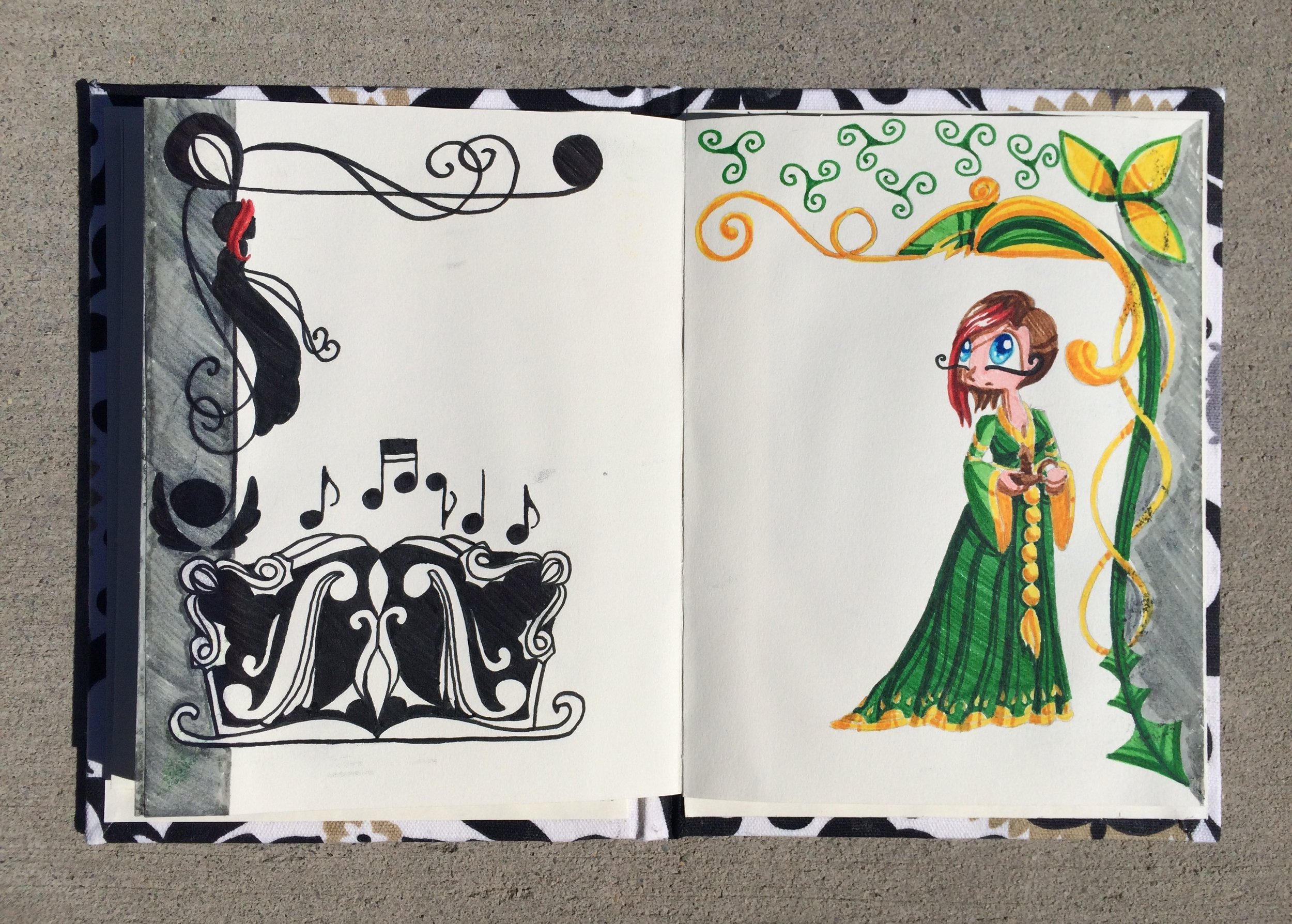 Open sketchbook with colorful drawing of a woman in green dress with yellow accents, holding a small object, surrounded by decorative green and orange swirls, next to black musical notes and designs.