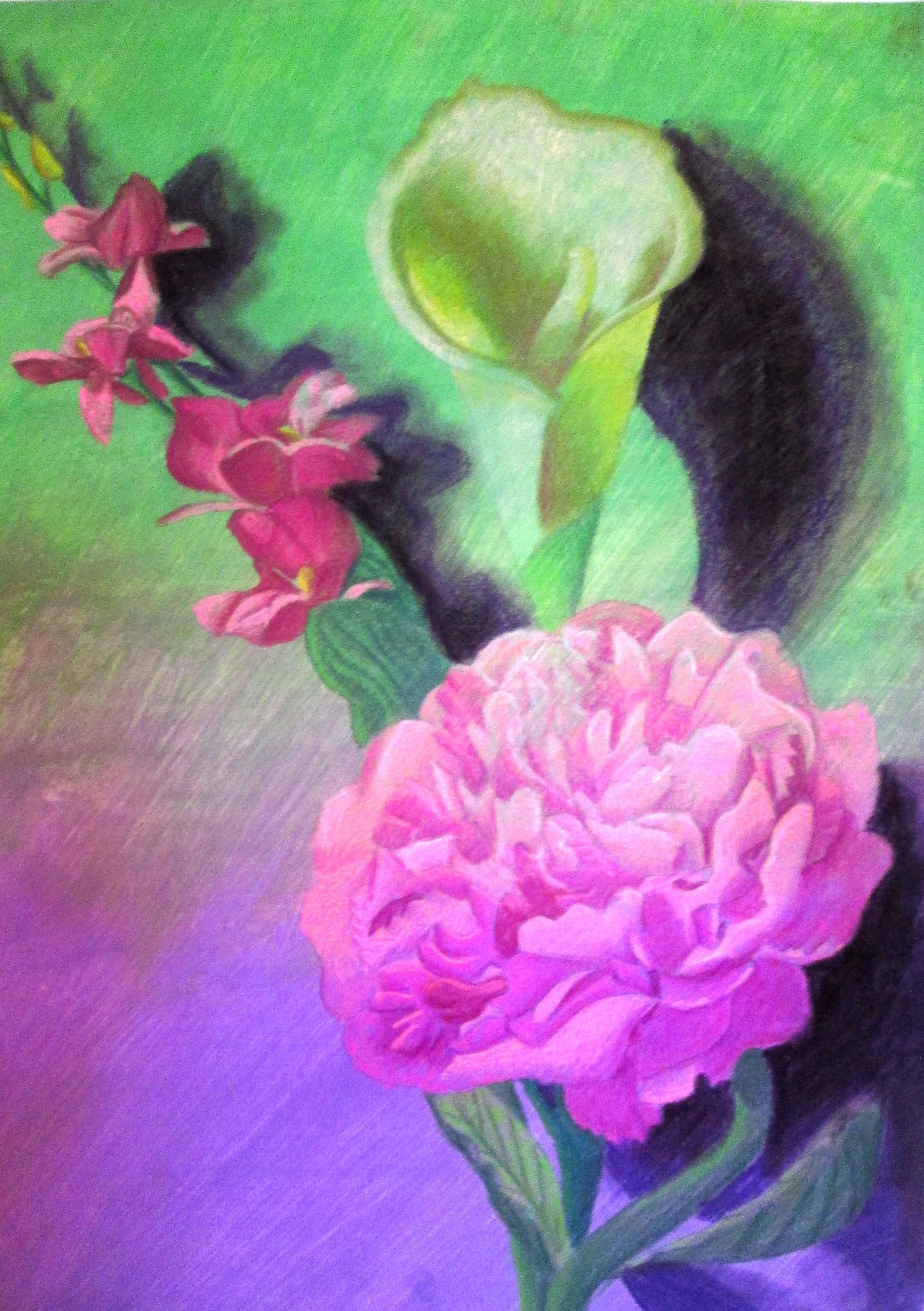 A painting of pink hydrangea flowers with green leaves on a green and purple gradient background.