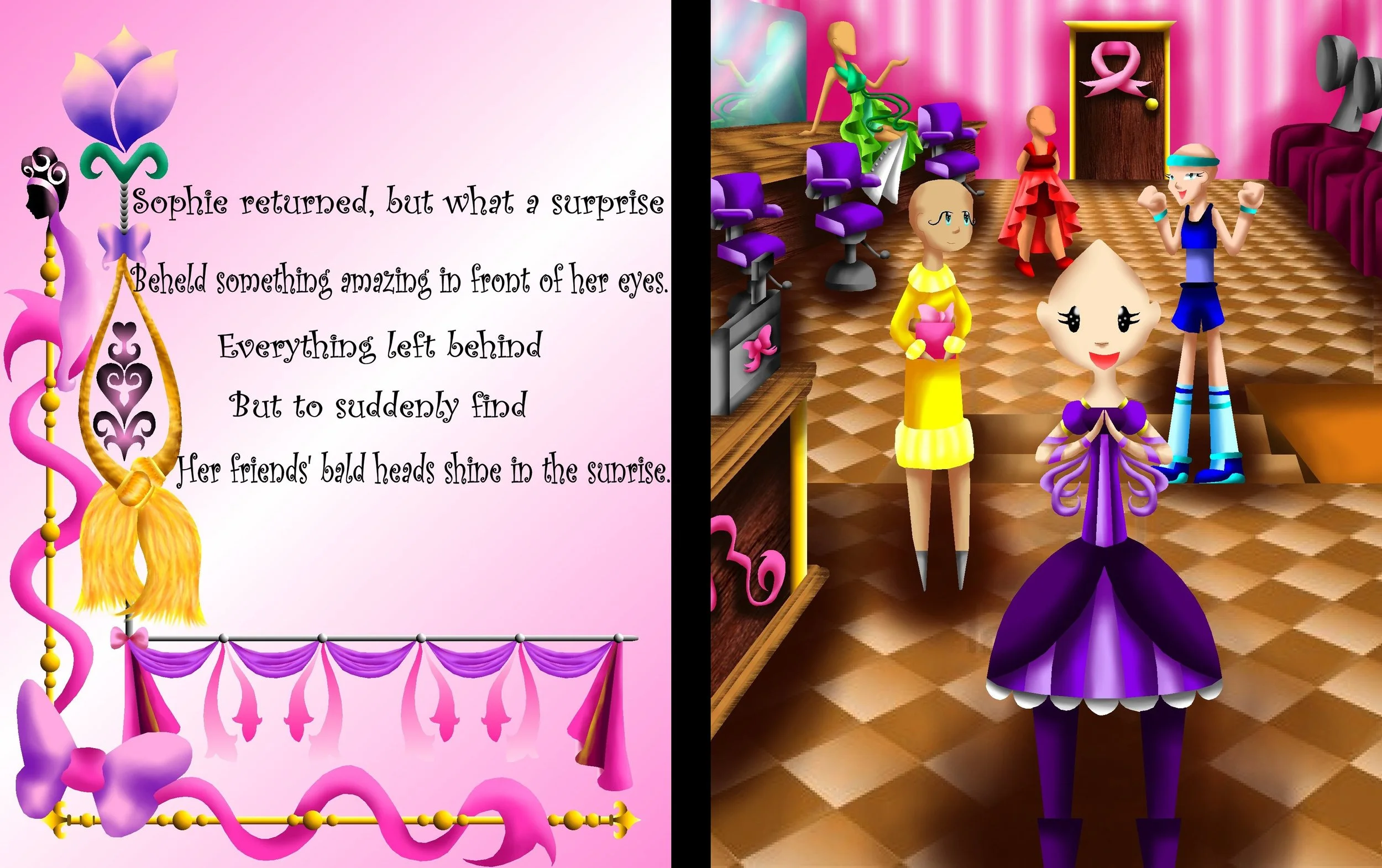 A digital illustration of a pink-themed room with a poem on the left side and a scene of girls on the right side. The poem reads: "Sophie returned, but what a surprise. Beheld something amazing in front of her eyes. Everything left behind. But to sud