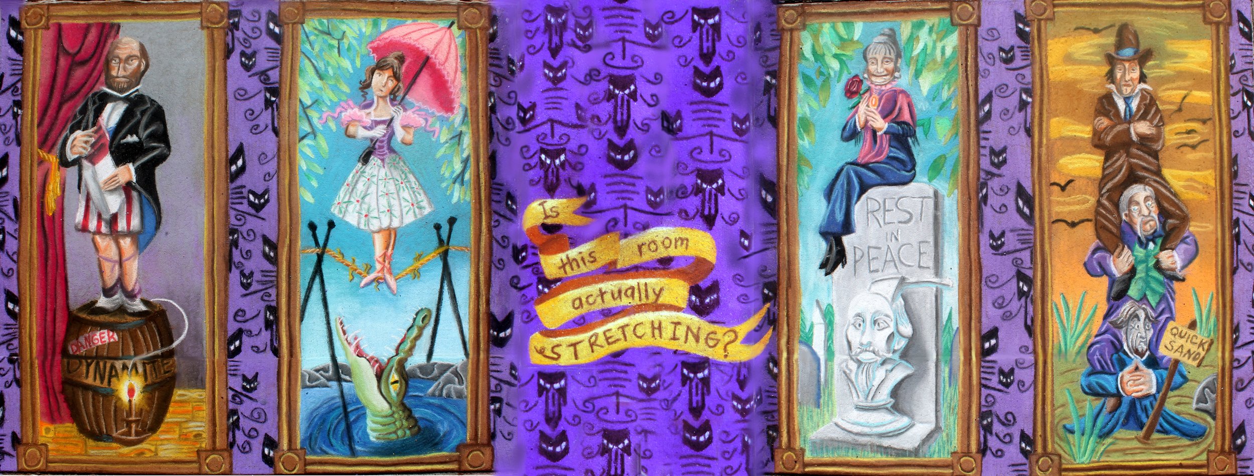 Colorful mural with five framed cartoonish figures: a man with a beard in formal wear near a dynamite barrel labeled 'DANGER', a ballerina on a tightrope over water, a woman holding a rose and sitting on a stone with 'REST IN PEACE' inscription, a co