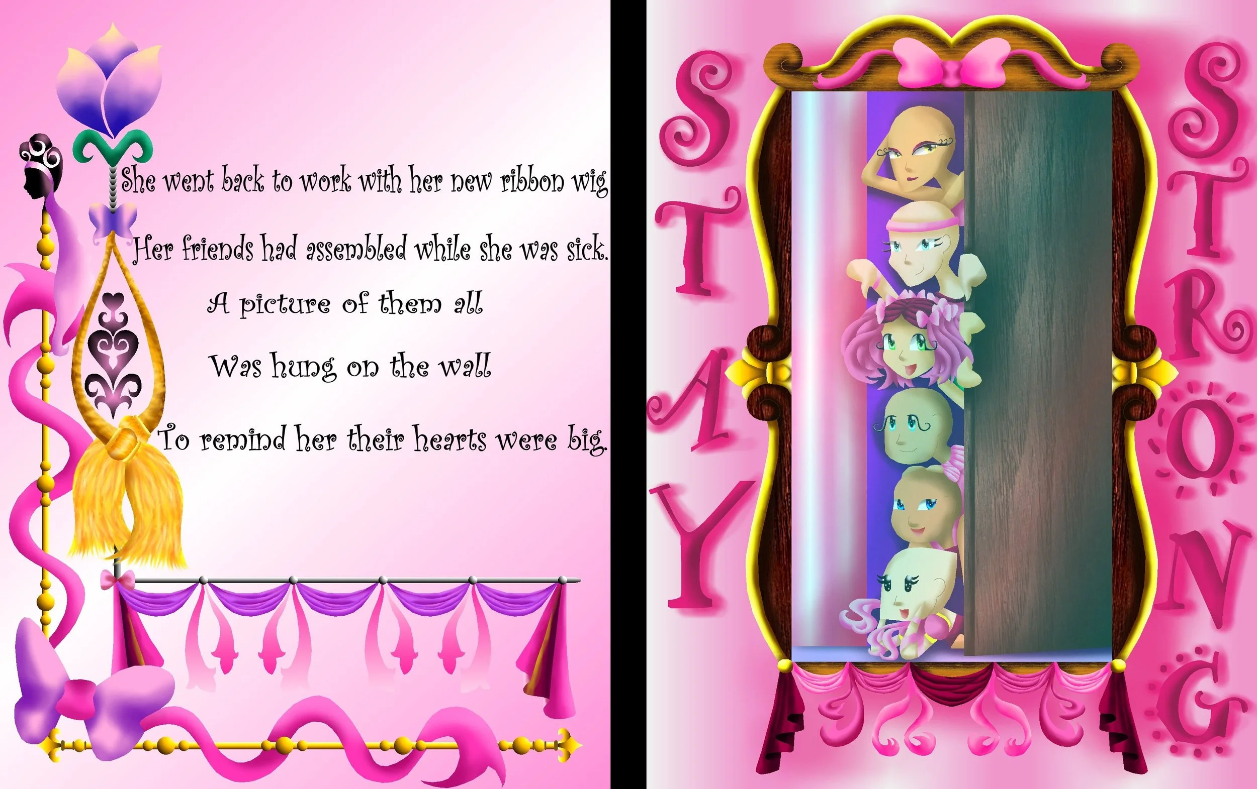 A pink background with a scene of a relay, with four cartoon girls in separate sections, one with pink hair, one with purple hair, one with blond hair, and one with blue hair. On the left side, there's a poem about a girl with a ribbon wig.