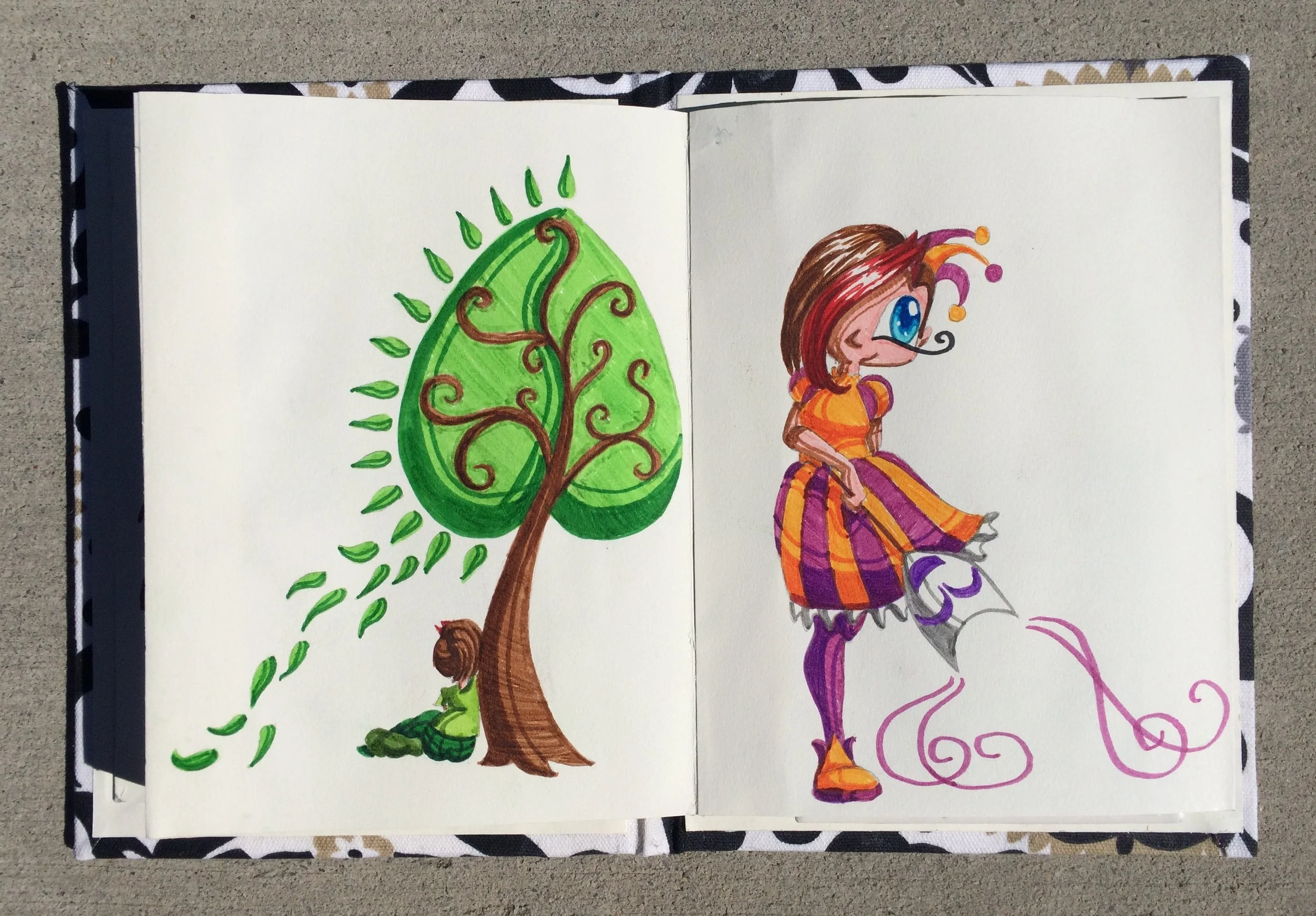Colorful drawing of a tree with swirling branches and a girl with red and purple hair, wearing an orange dress with purple stripes, sitting with her eyes closed.