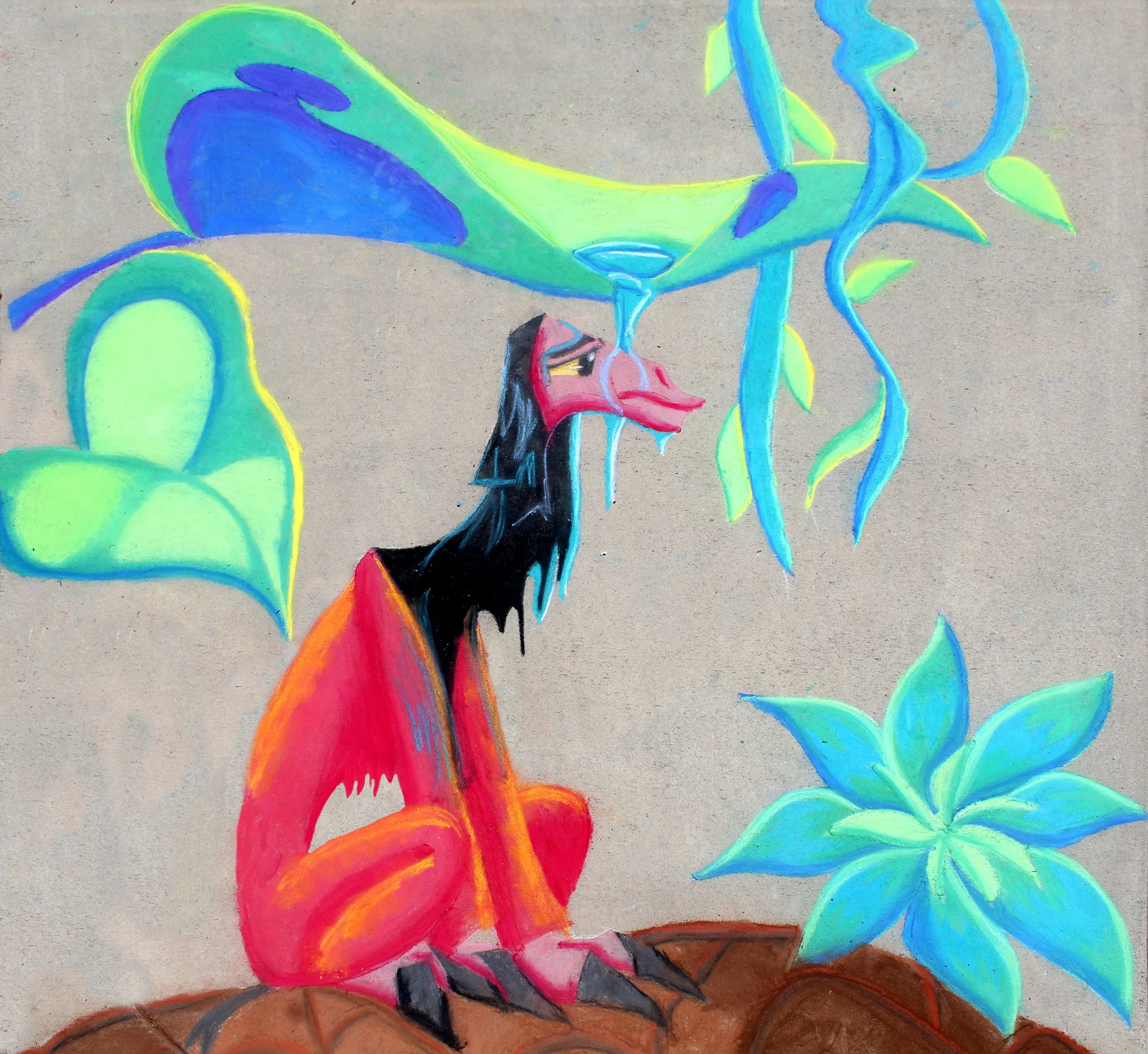 Colorful chalk drawing of a fox sitting on a rock with stylized blue and green plants around.