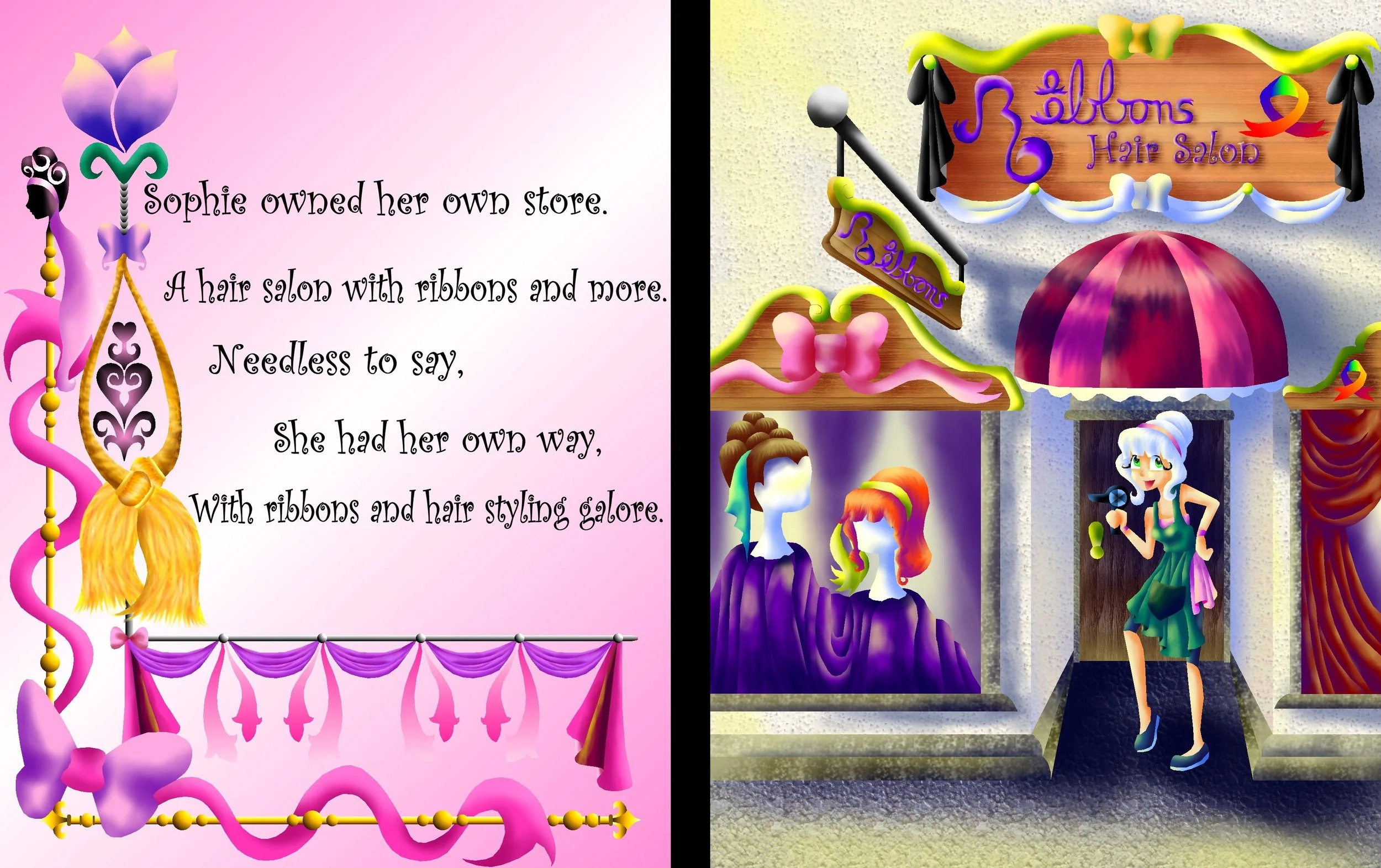 A split image with the left side showing a pink background with decorative ribbons and a quote about Sophie owning her own store and hair salon, and the right side depicting the exterior of a hair salon named 'Beldons Hair Salon' with a colorful sign