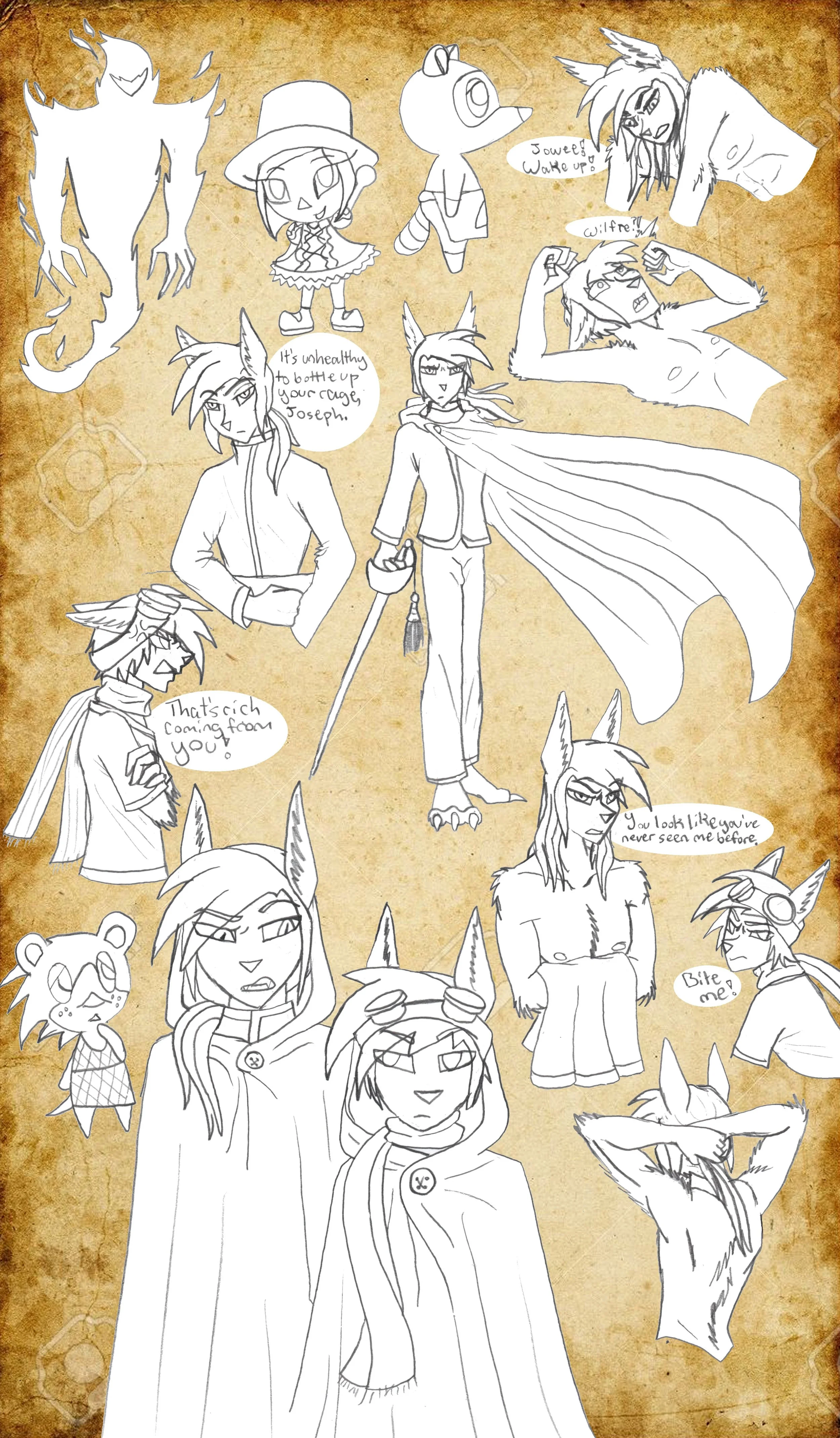 Various sketches of anthropomorphic characters, some with animal features like ears and tails, and others with human features, on an aged parchment background. Some characters are in casual or fantasy attire, with speech bubbles indicating conversati