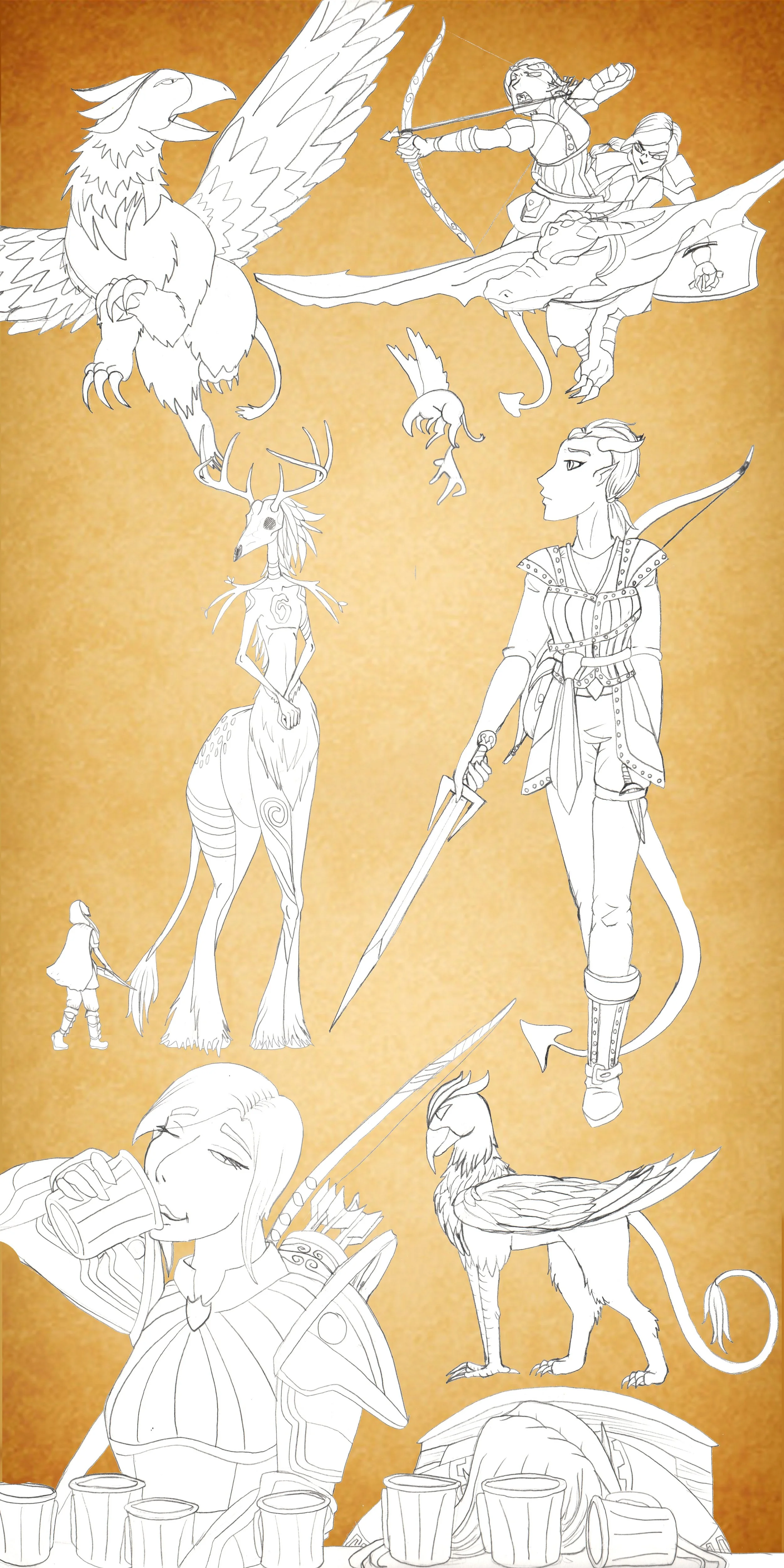 Outline drawing of fantasy characters in a scene with a griffon, a rider on a dragon, and a woman drinking from a mug, set against a golden background.
